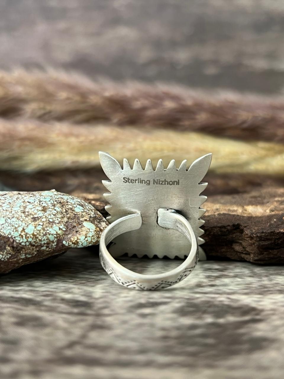 Handmade Sterling Silver Kingman Turquoise Adjustable Ring "Signed Nizhoni"