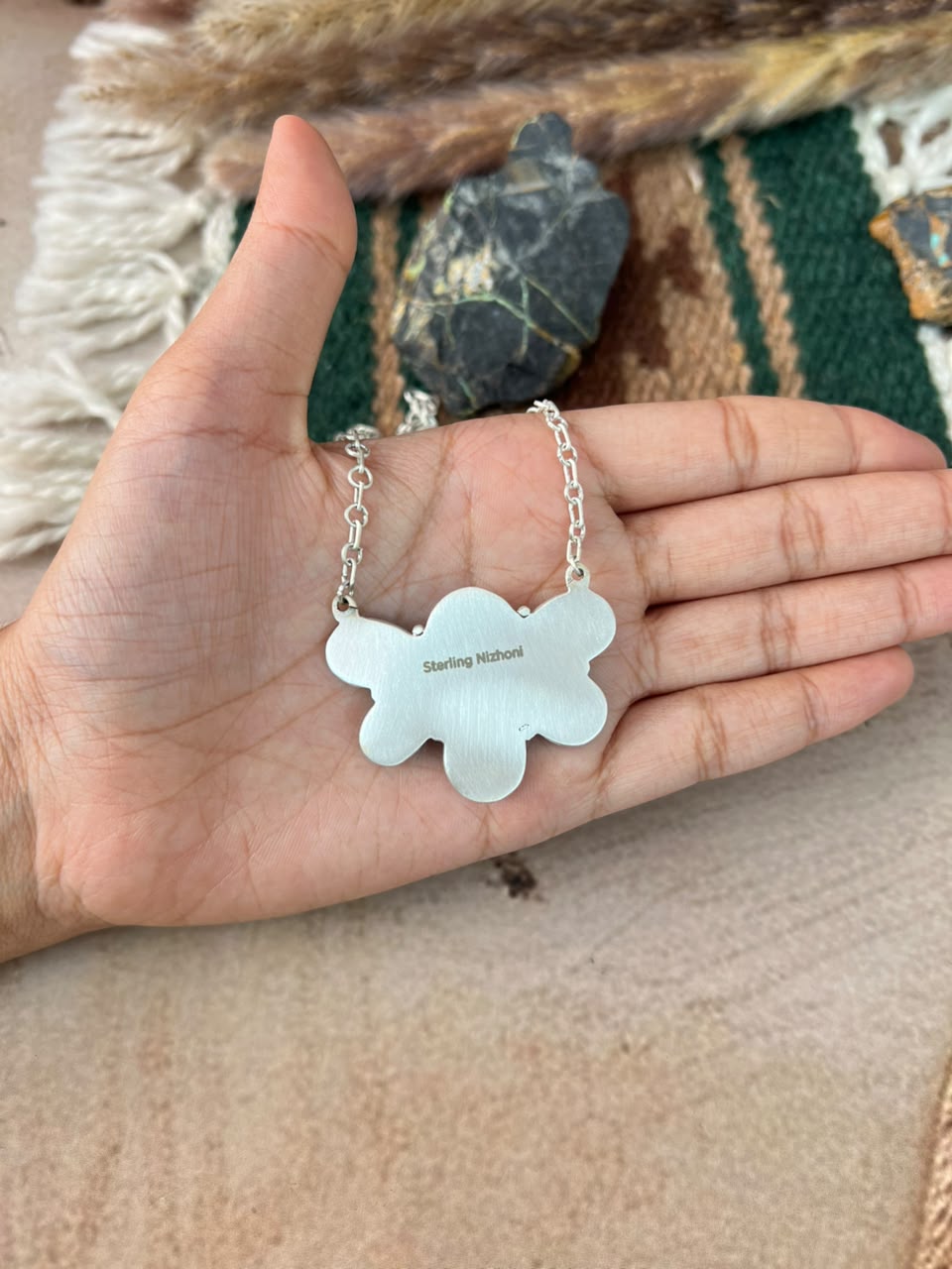 Handmade Sterling Silver Hardy Pit Collection: Necklace Signed Nizhoni