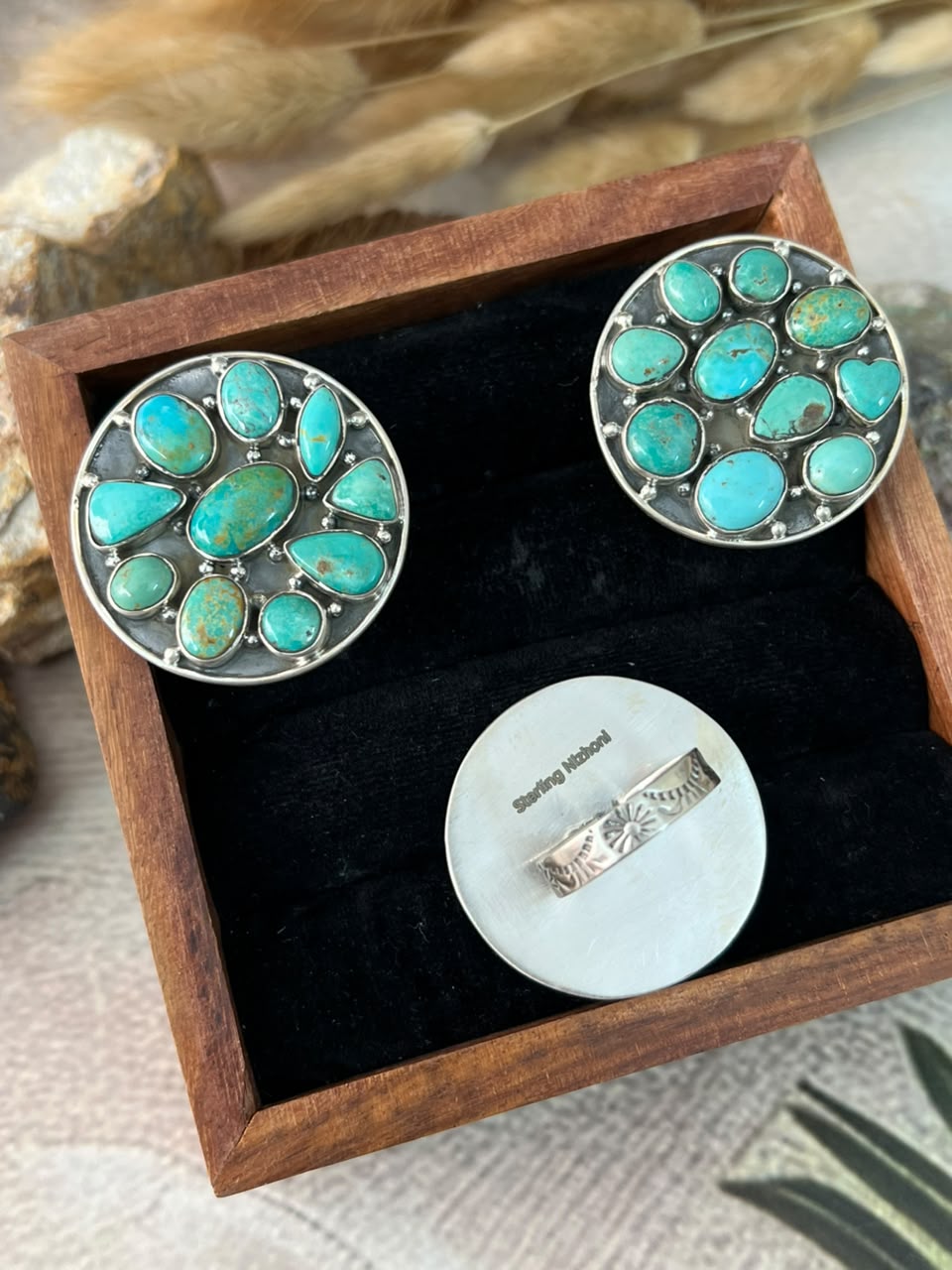 Handmade Sterling Silver Carico Lake Turquoise Adjustable Ring Signed Nizhoni