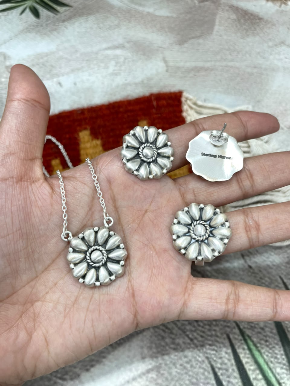 Handmade Sterling Silver Beautiful Necklace Ring and Earrings Set Signed Nizhoni