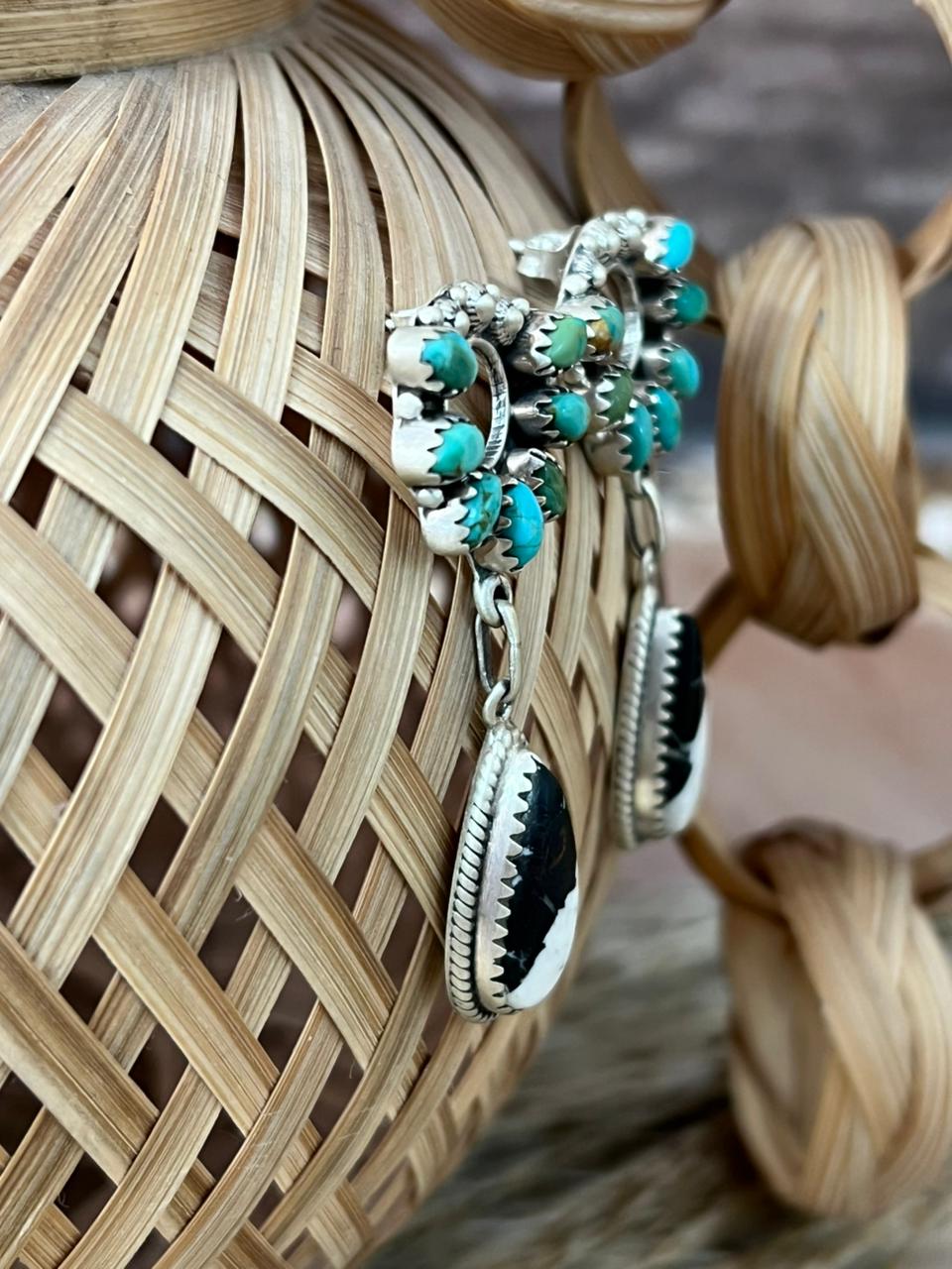 Handmade Sterling Silver Kingman Turquoise with White Buffalo Post Dangle Earrings "Signed Nizhoni"