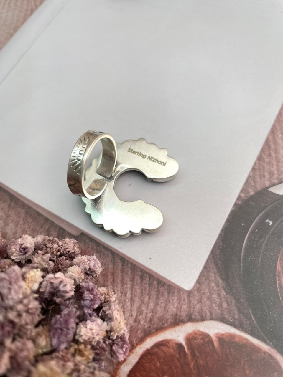 Handmade Sterling Silver Grape Dahlia with Black Onyx Naja Halloween Collection: Adjustable Ring Signed Nizhoni