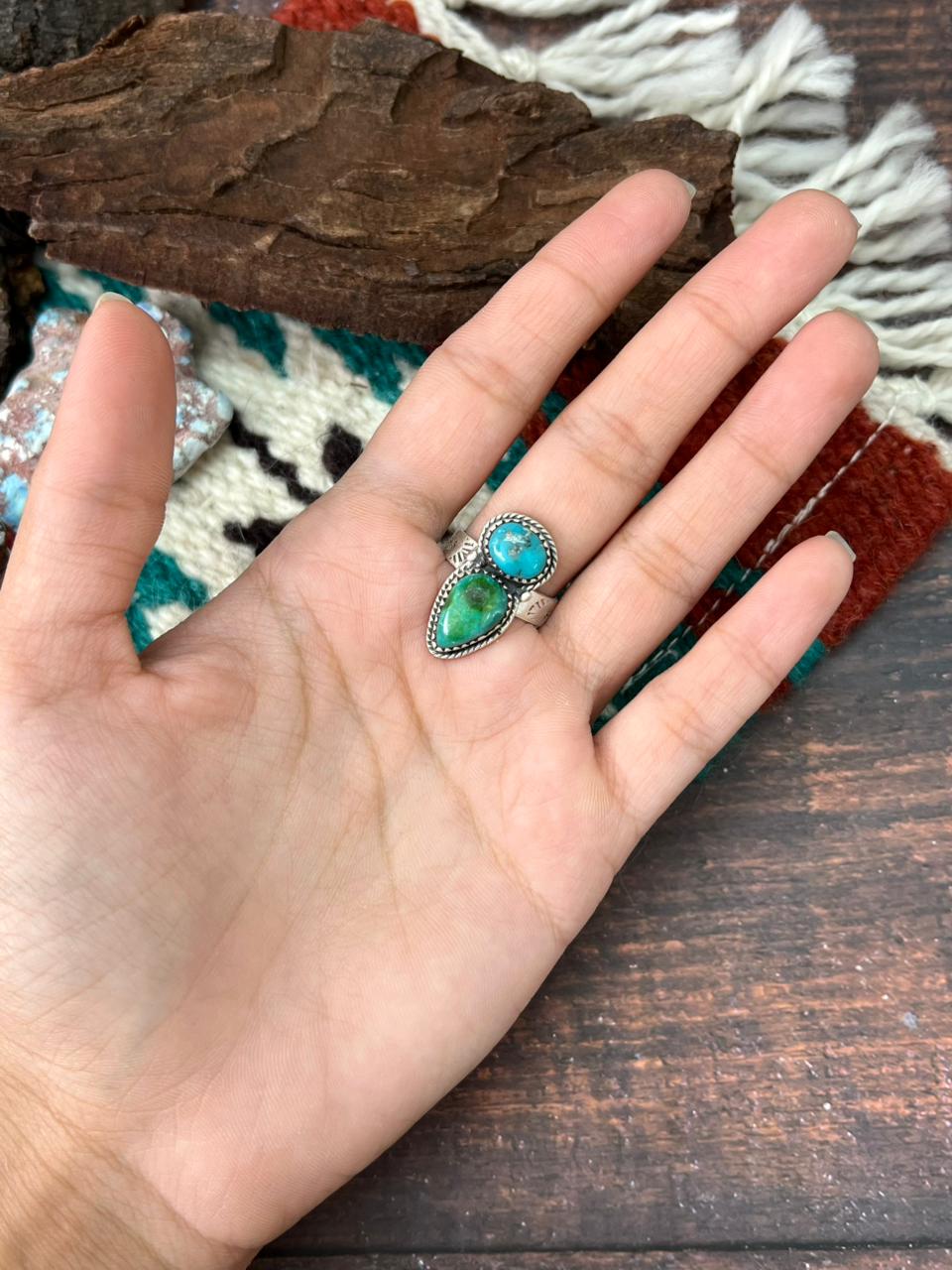 Handmade Sterling Silver Sonoran with White Water Turquoise Adjustable Ring " Signed Nizhoni" (6)