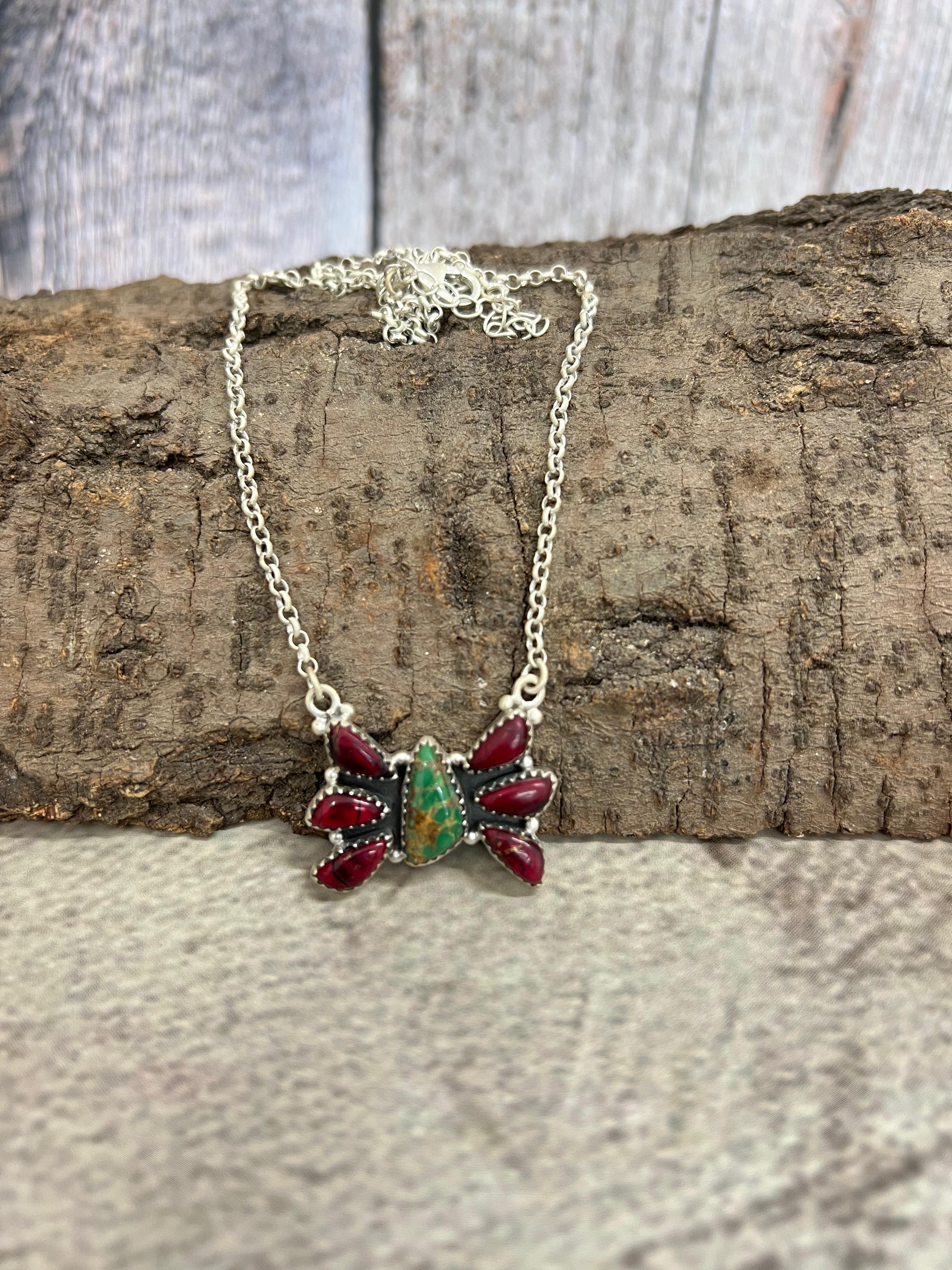Handmade Sterling Silver Dahlia Rose with Emerald Valley Butterfly Necklace with Signed Nizhoni