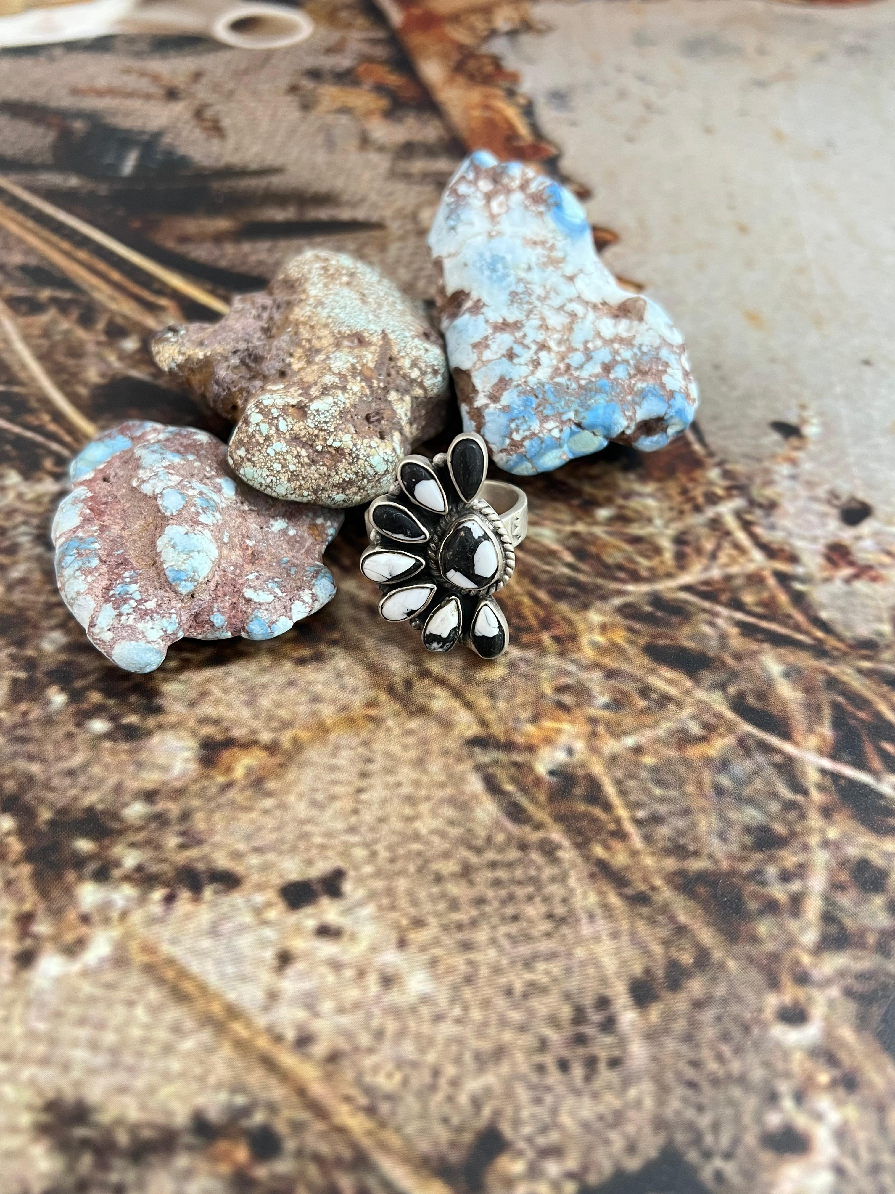 Handmade Sterling Silver White Buffalo Adjustable Ring, Signed Nizhoni