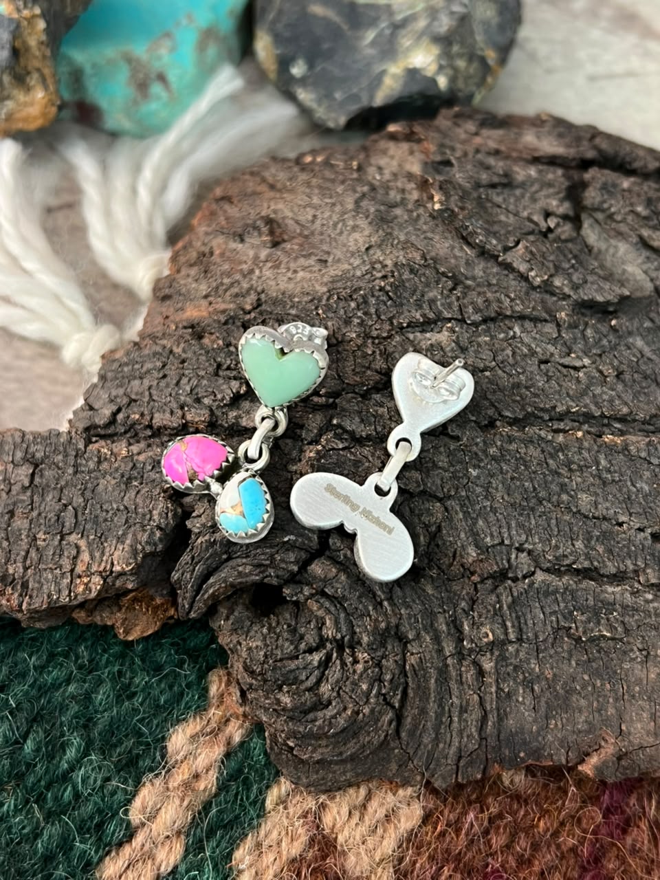 Handmade Sterling Silver Paloma Turquoise with Cotton Candy Post Dangle Earrings Signed Nizhoni