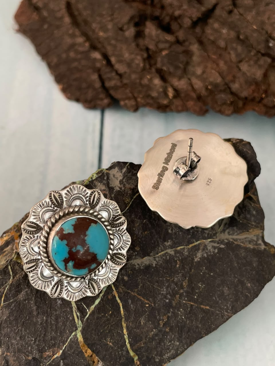 Handmade Sterling Silver Egyptian Turquoise Collection: Post Studs Earrings Signed Nizhoni