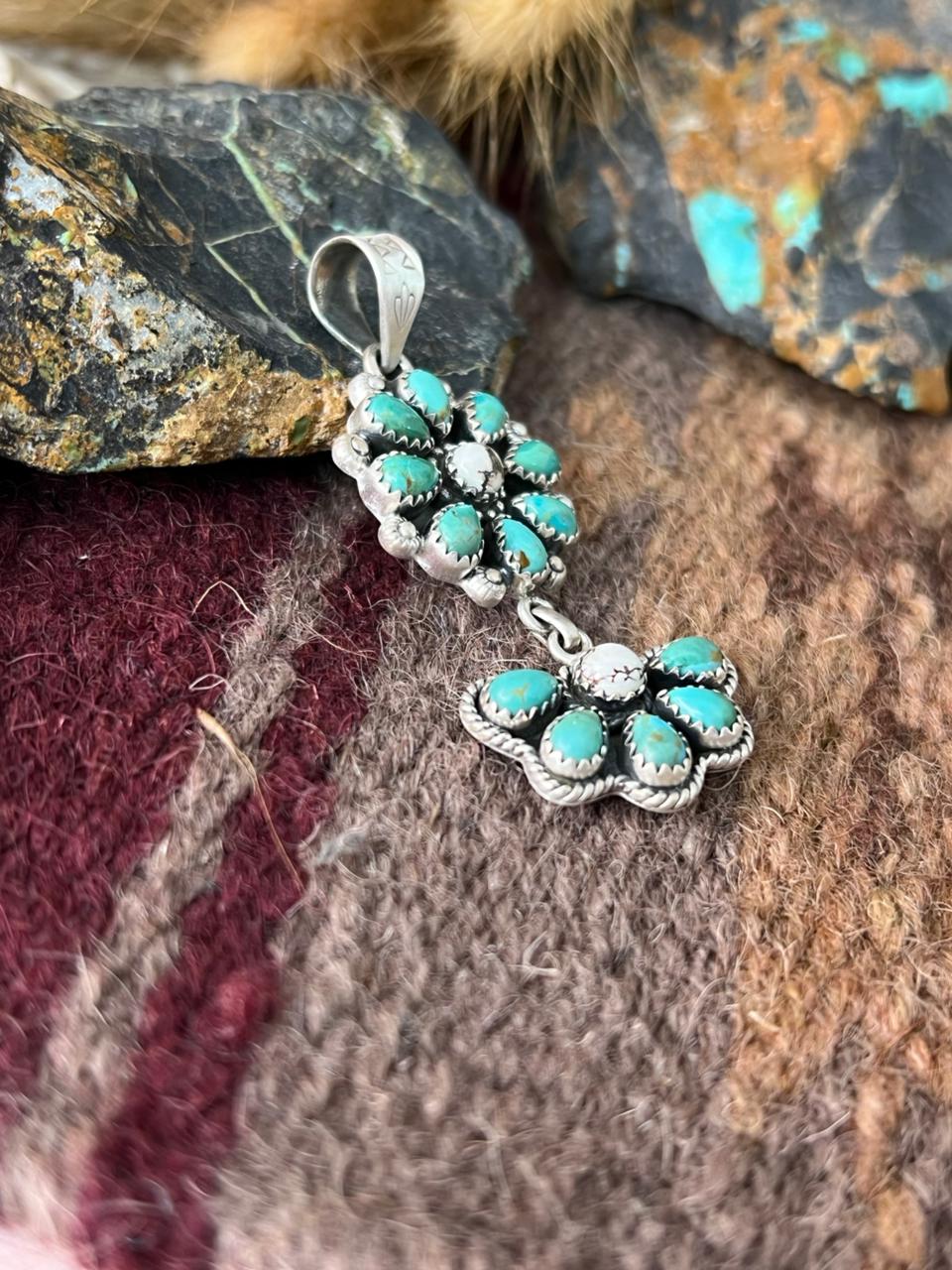 Handmade Sterling Silver Kingman Turquoise with Wildhorse Magnesite Pendant "Signed Nizhoni"