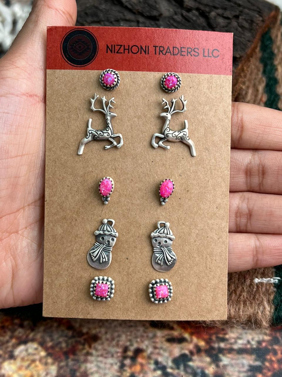 Handmade Sterling Silver Hot Pink Post Earring Set Card "Signed Nizhoni"
