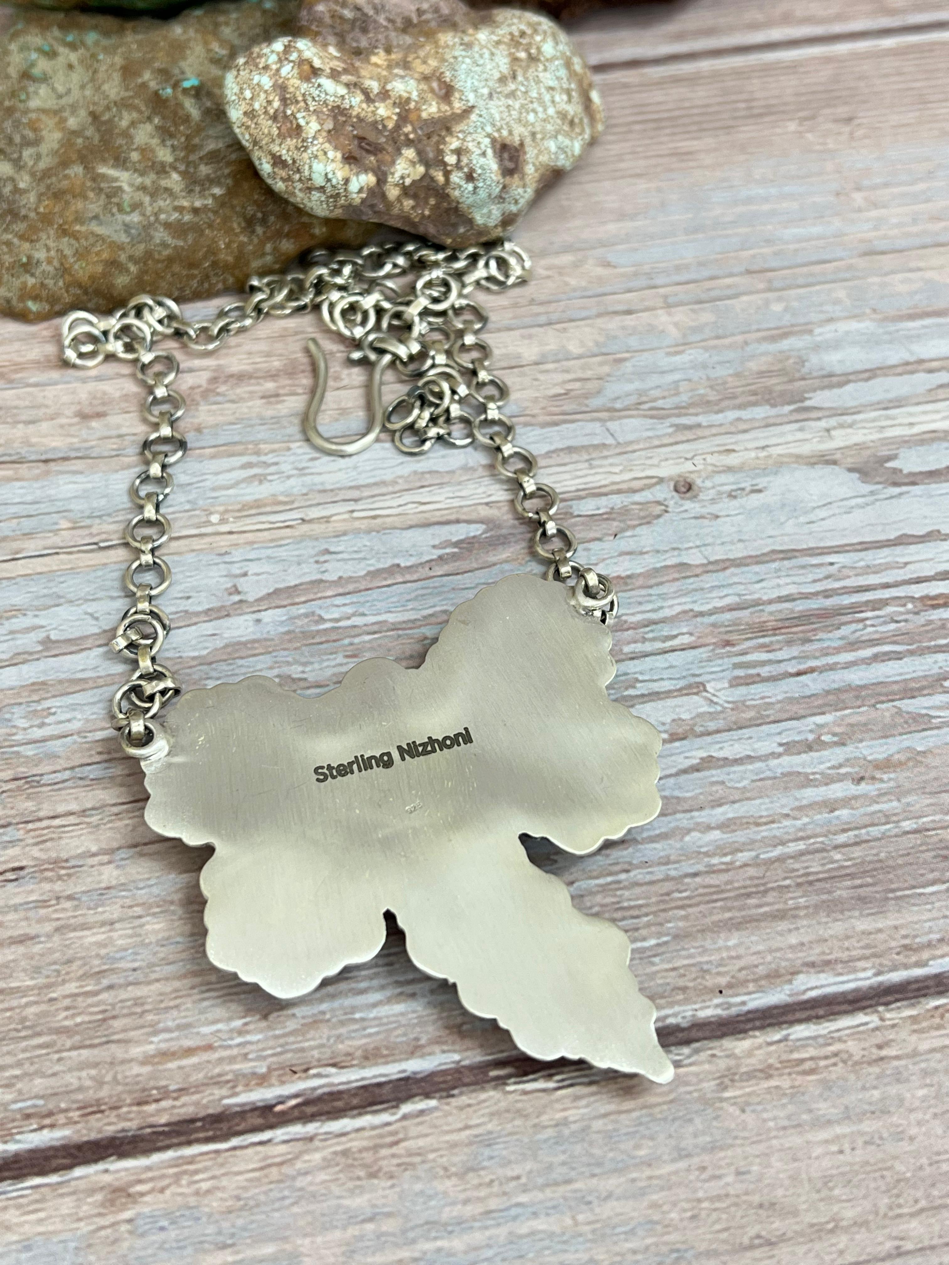 Handmade Sterling Silver Blackjack Turquoise Butterfly Necklace with Signed Nizhoni