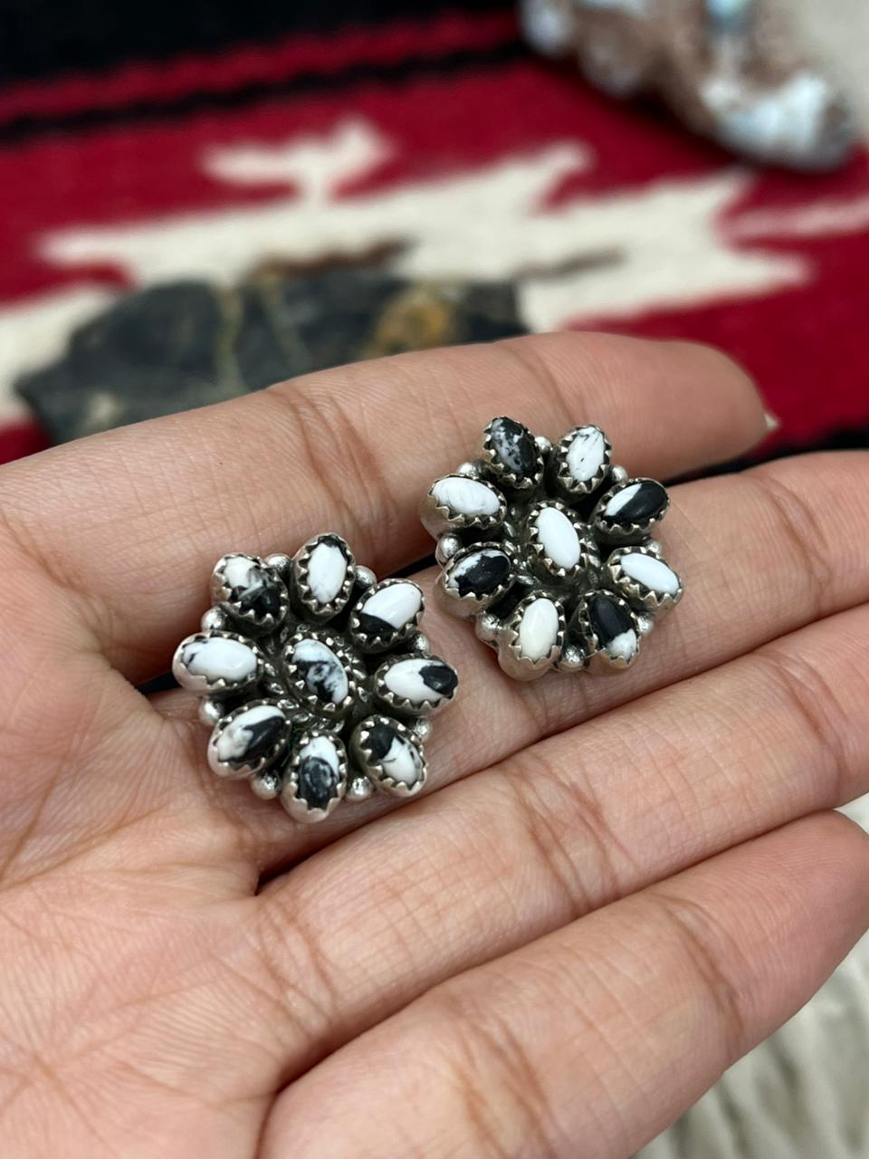 Handmade Sterling Silver White Buffalo with Red Opal Studs Post Earrings "Signed Nizhoni"