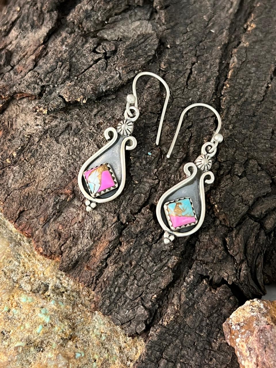 Handmade Sterling Silver Cotton Candy Hook Dangle Earrings "Signed Nizhoni"