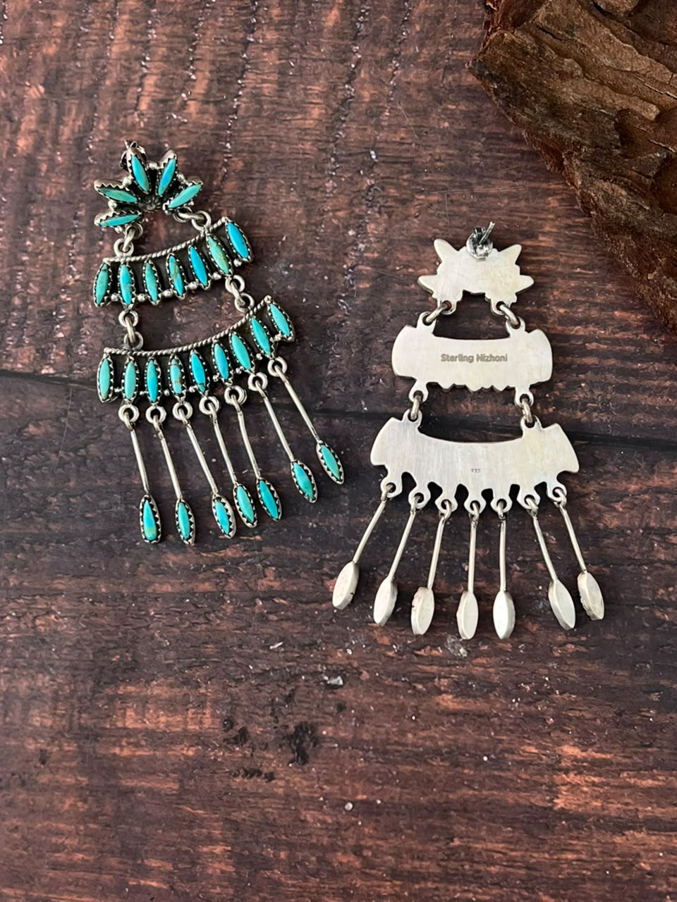 Handmade Sterling Silver Kingman Turquoise Post Dangle Earrings Signed Nizhoni