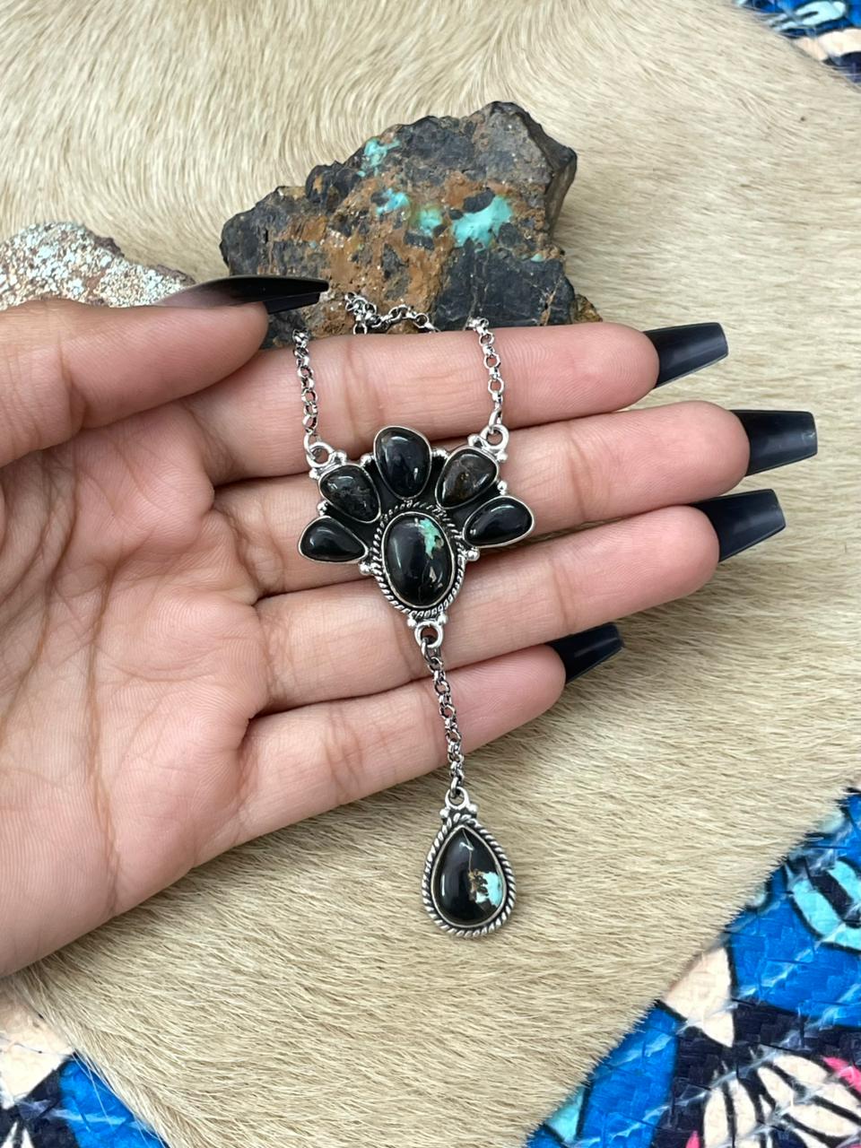 Handmade Sterling Silver Blackjack Turquoise Necklace "Signed Nizhoni"