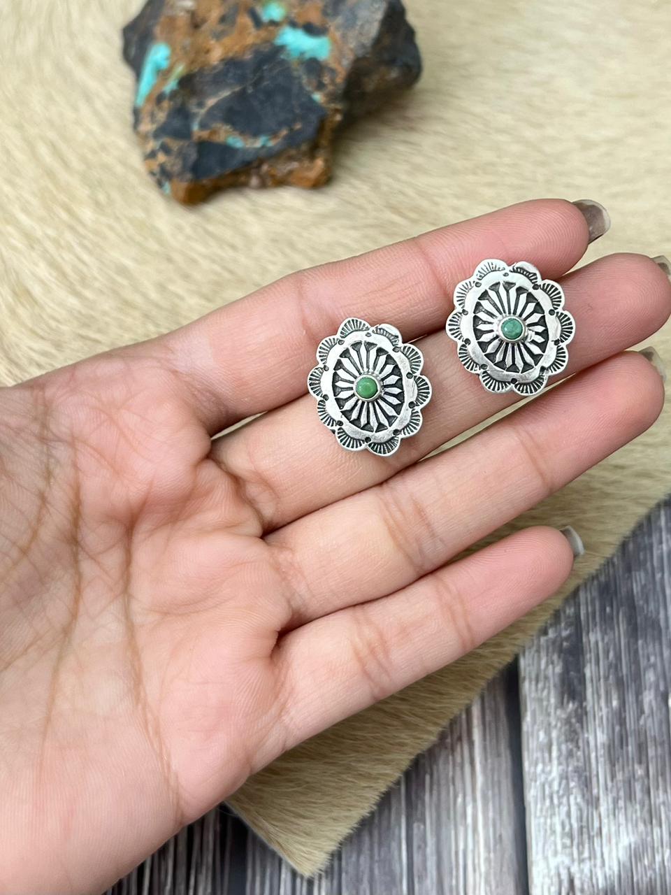 Handmade Sterling Silver Kingman Turquoise Post Studs Earrings "Signed Nizhoni"