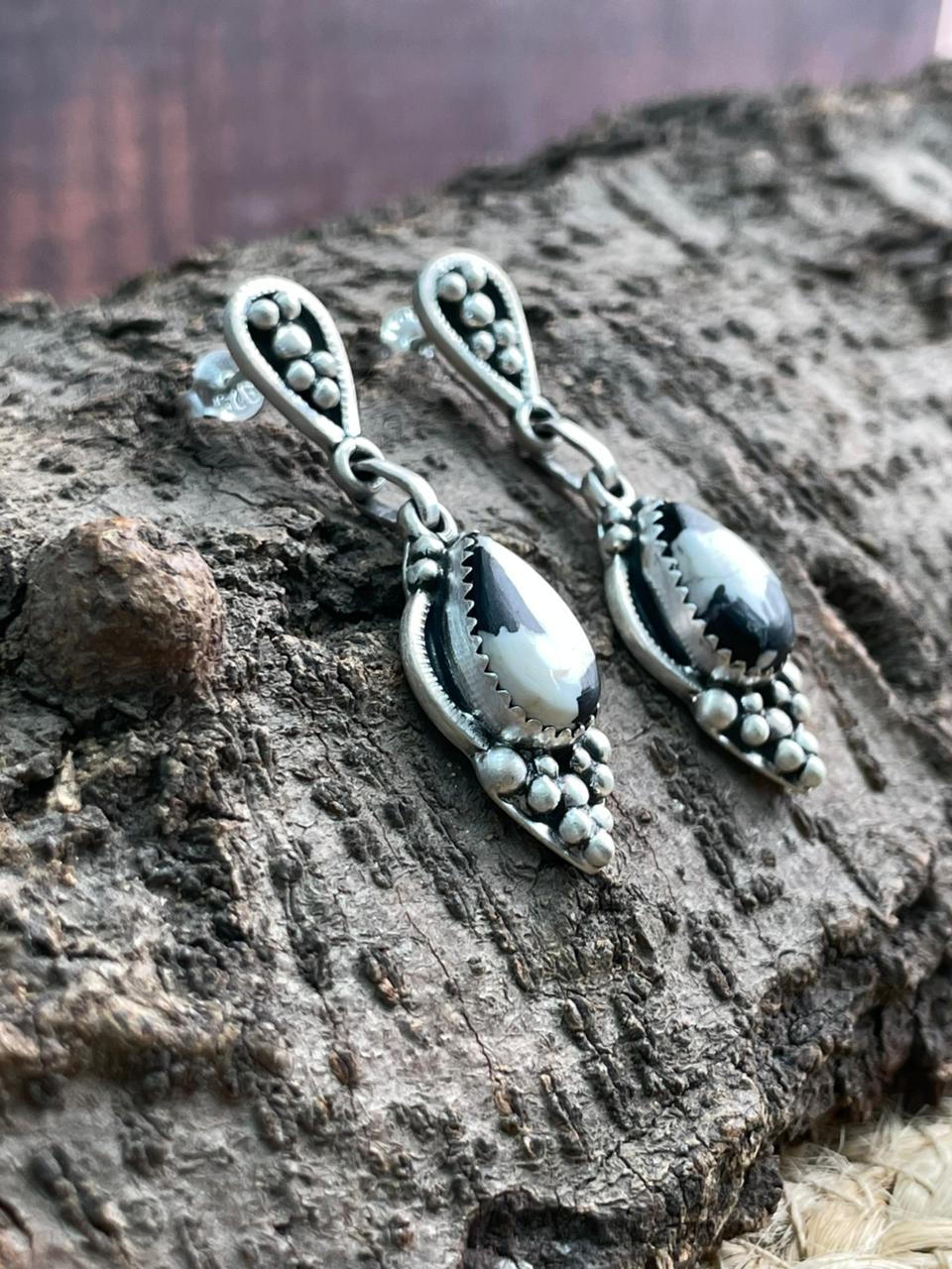 Handmade Sterling Silver White Buffalo Post Dangle Earrings "Signed Nizhoni"