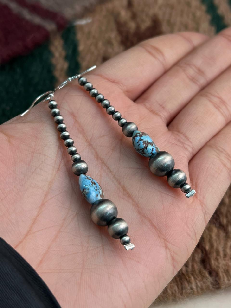 Handmade Sterling Silver Beaded Golden Hills Turquoise Hook Dangle Earrings