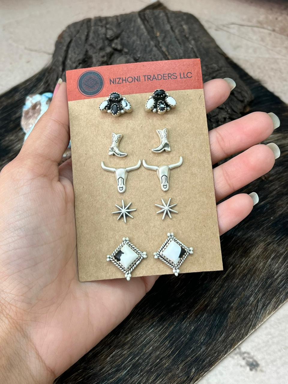 Handmade Sterling Silver White Buffalo Post Studs Earrings Set