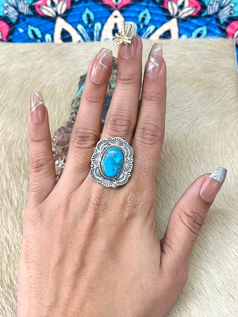 Handmade Sterling Silver Arizona Blue Turquoise Adjustable Ring "Signed Nizhoni"