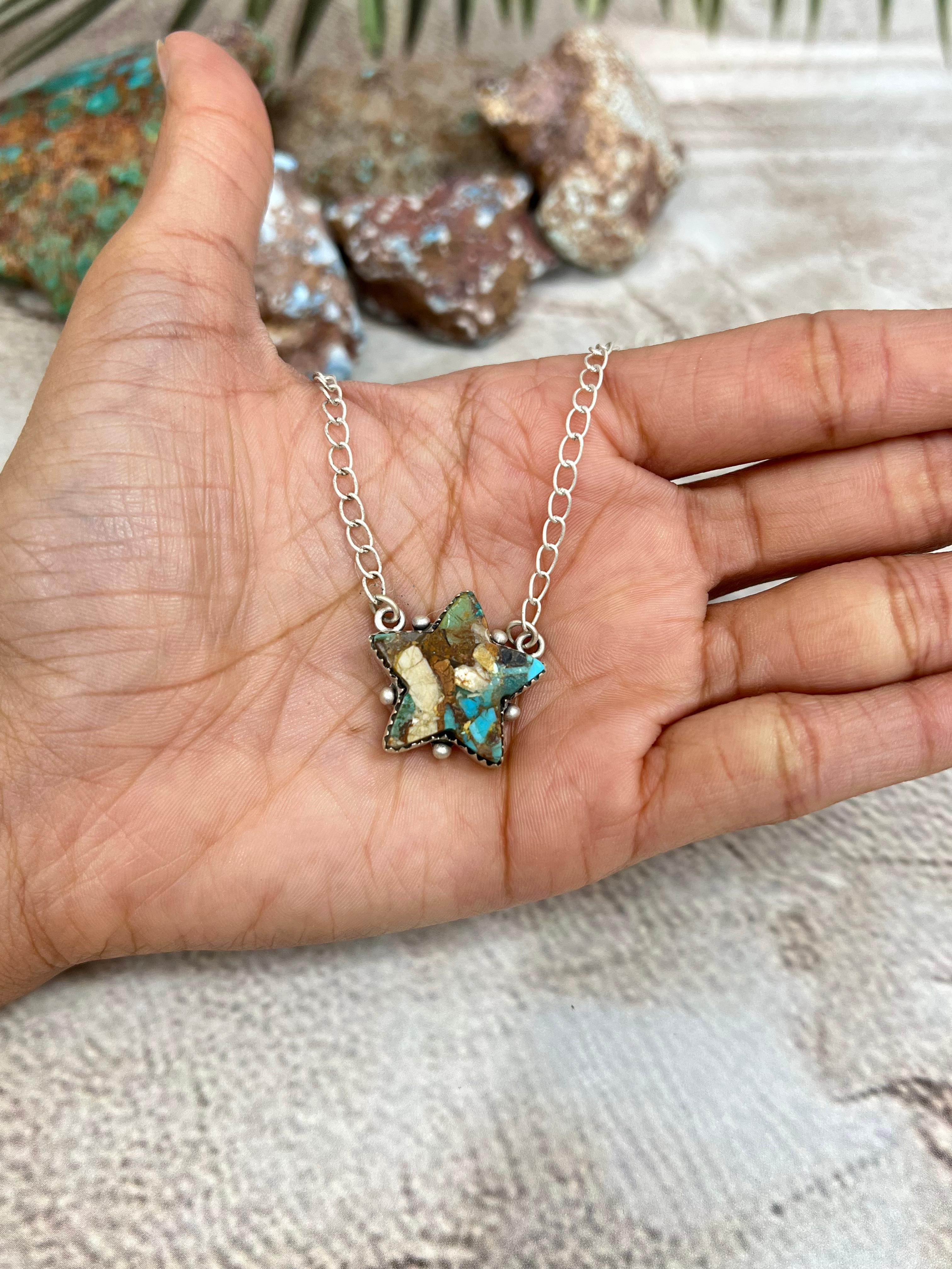 Handmade Sterling Silver Royston Turquoise Star Necklace with Signed Nizhoni