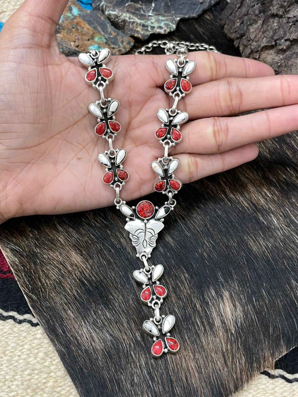 Handmade Sterling Silver White Buffalo with Red Opal Necklace "Signed Nizhoni"