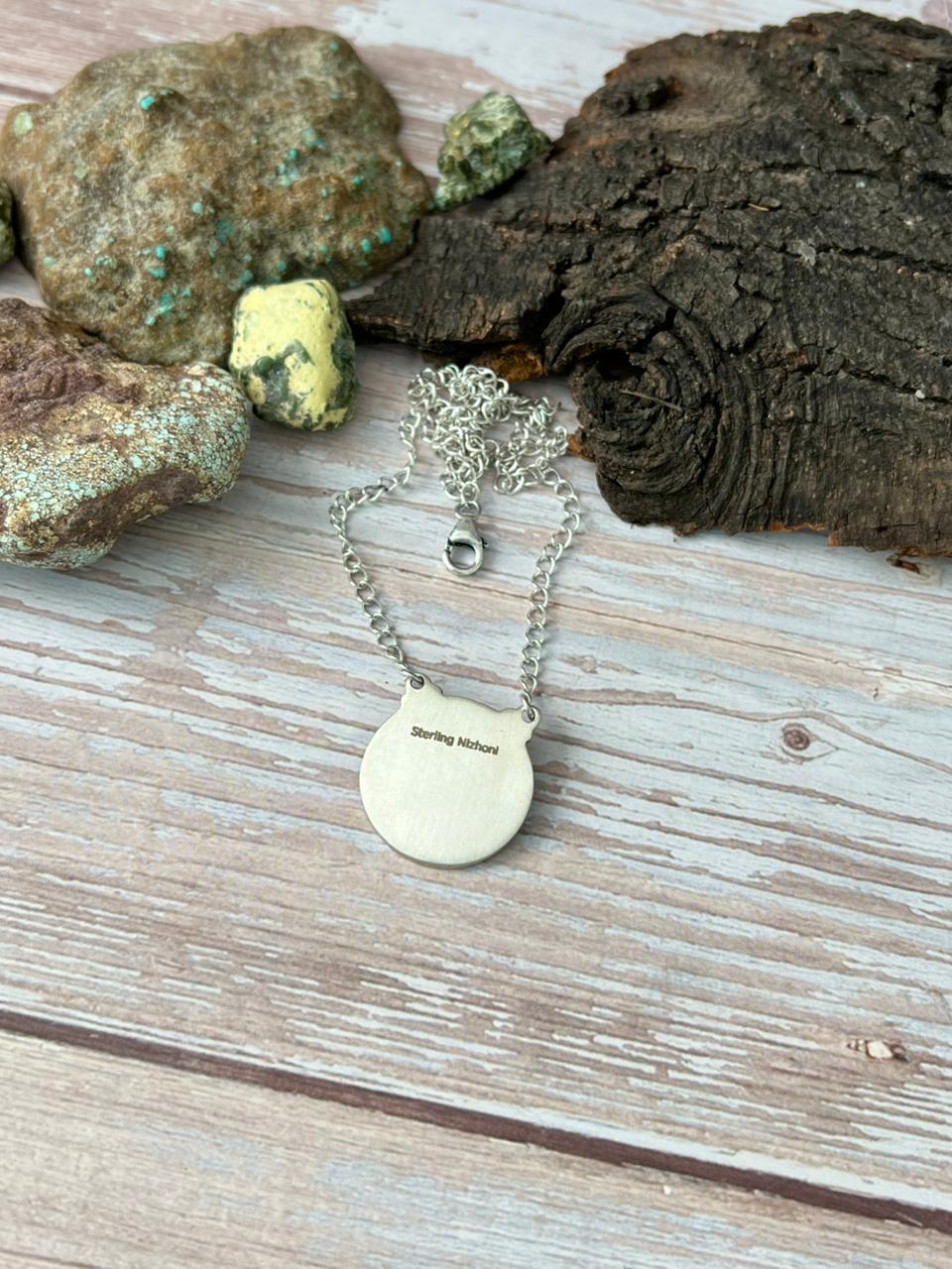 Handmade Sterling Silver Kingman Turquoise Smiley Necklace with Signed Nizhoni (1)