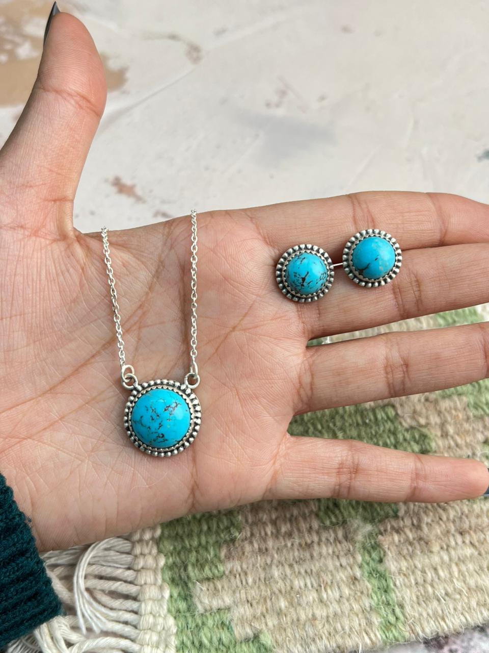 Handmade Sterling Silver Arizona Turquoise Necklace Earrings Set "Signed Nizhoni"