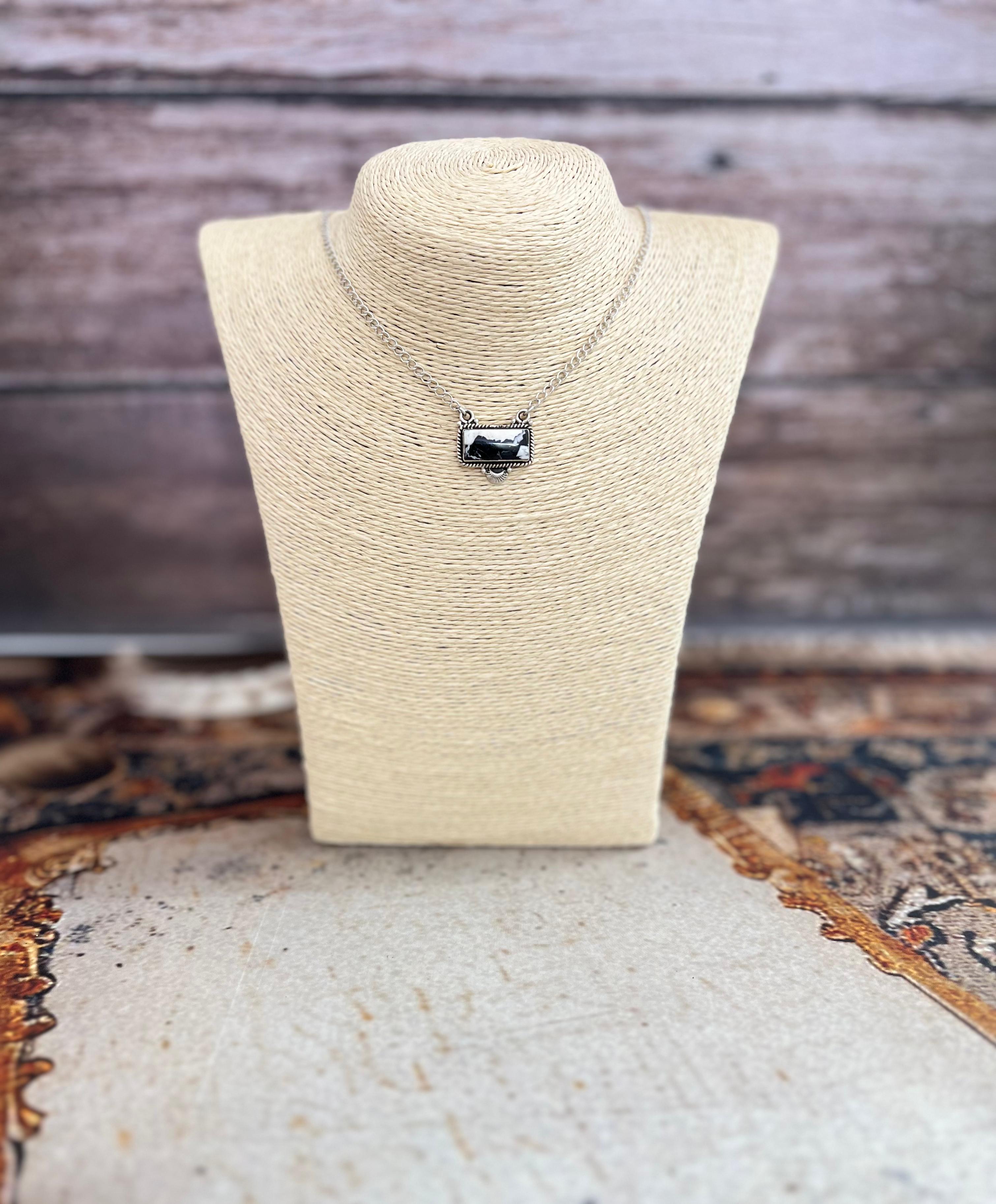 Handmade Sterling Silver White Buffalo Bar Necklace with Signed Nizhoni