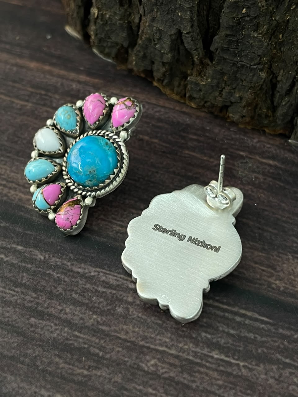 Handmade Sterling Silver Blue Kingman Turquoise with Cotton Candy Post Studs Earrings Signed Nizhoni