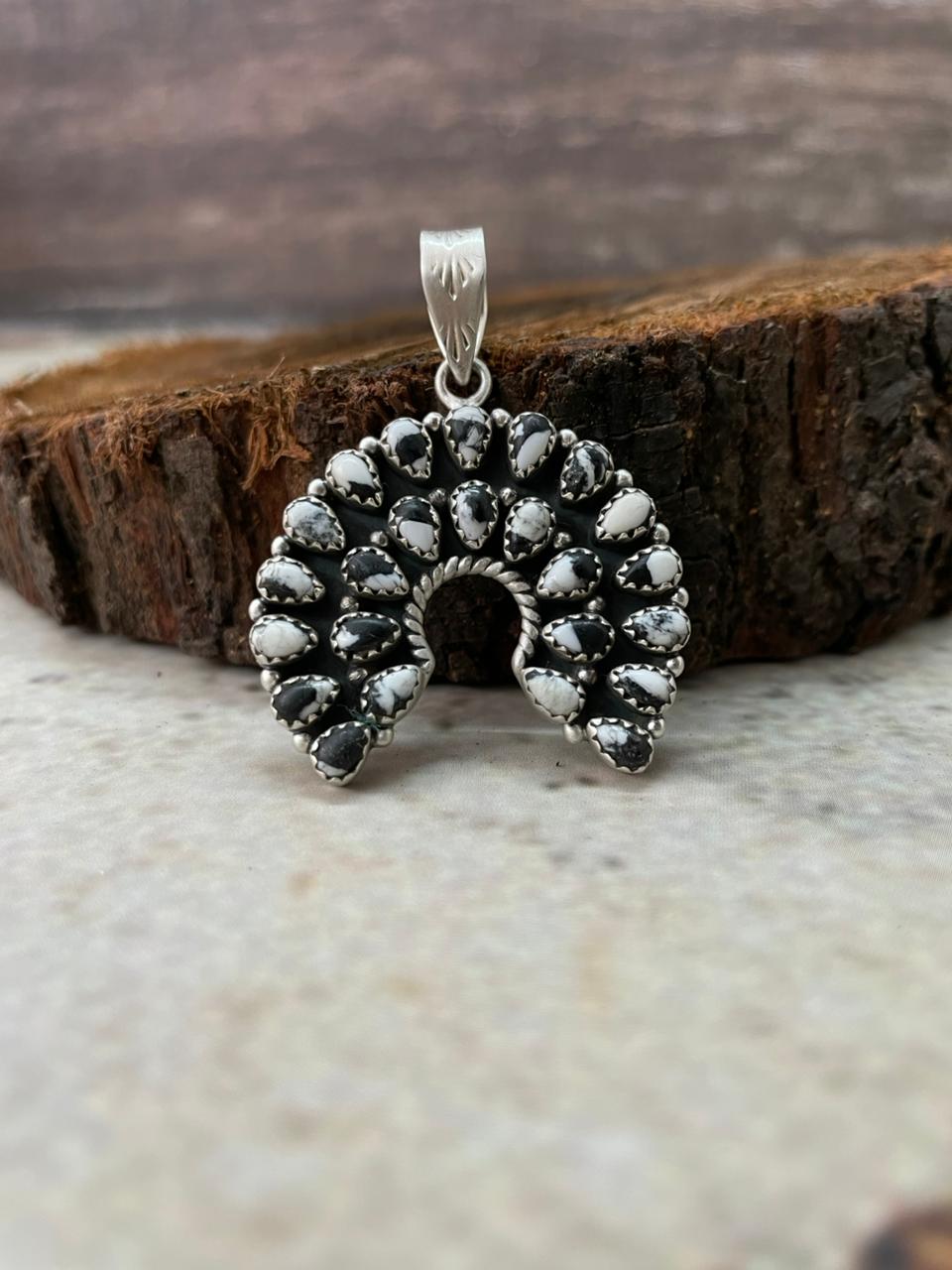 Handmade Sterling Silver White Buffalo Naja Pendant "Signed Nizhoni" (10)