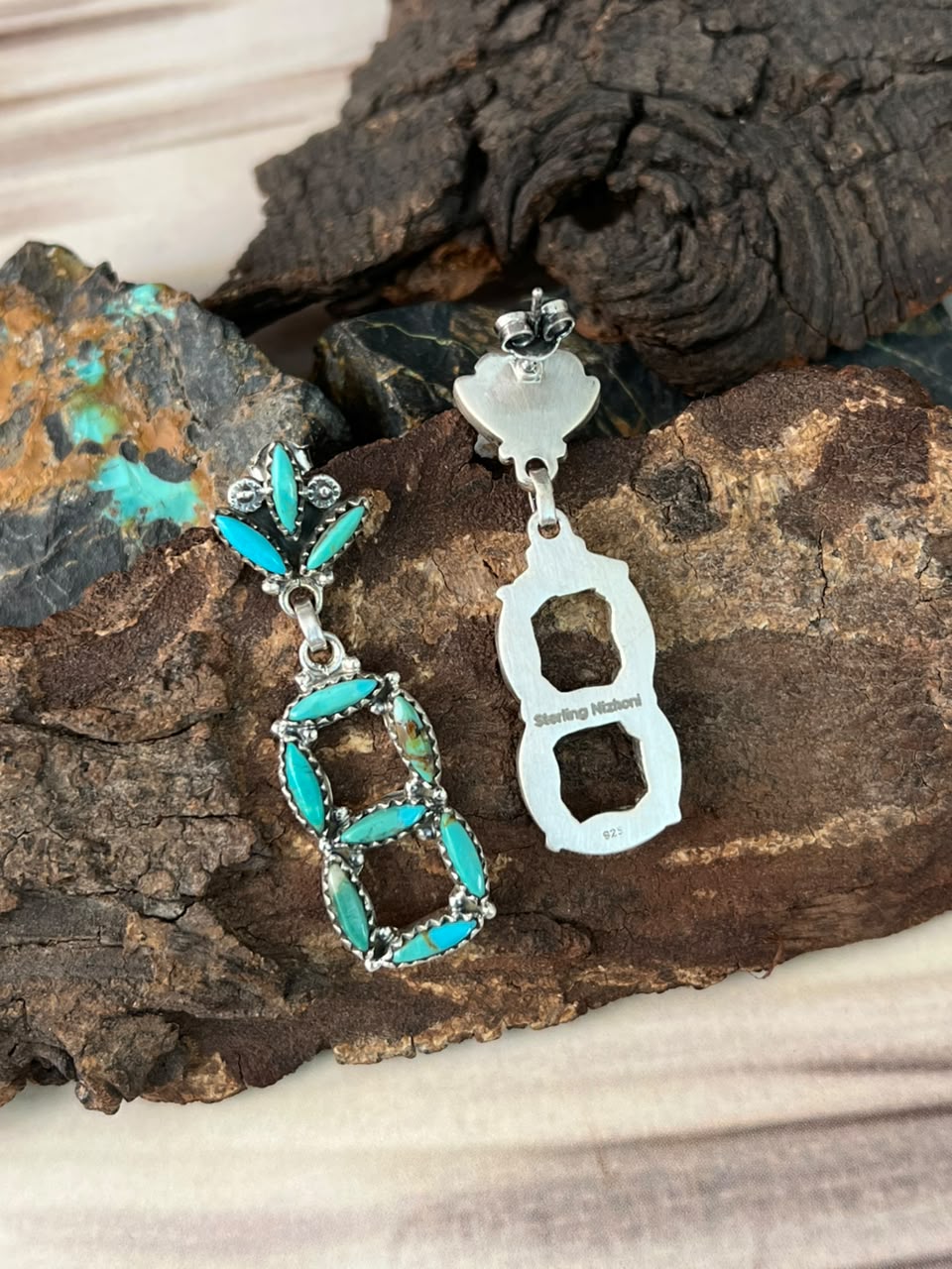 Handmade Sterling Silver Kingman Turquoise Post Dangle Earrings Signed Nizhoni