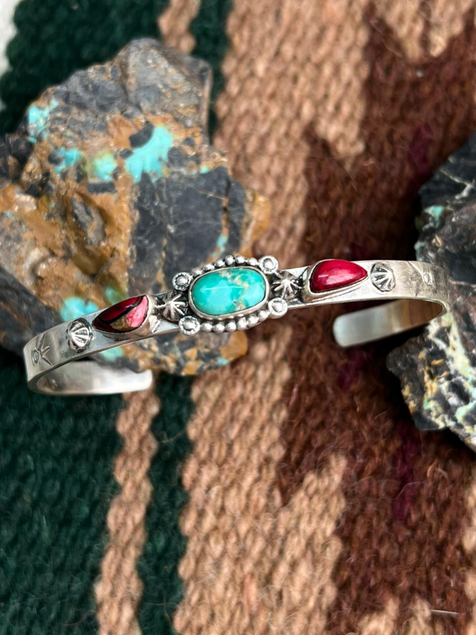 Handmade Sterling Silver Dahlia Rose with Emerald Valley Turquoise Cuff Bracelet "Signed Nizhoni"