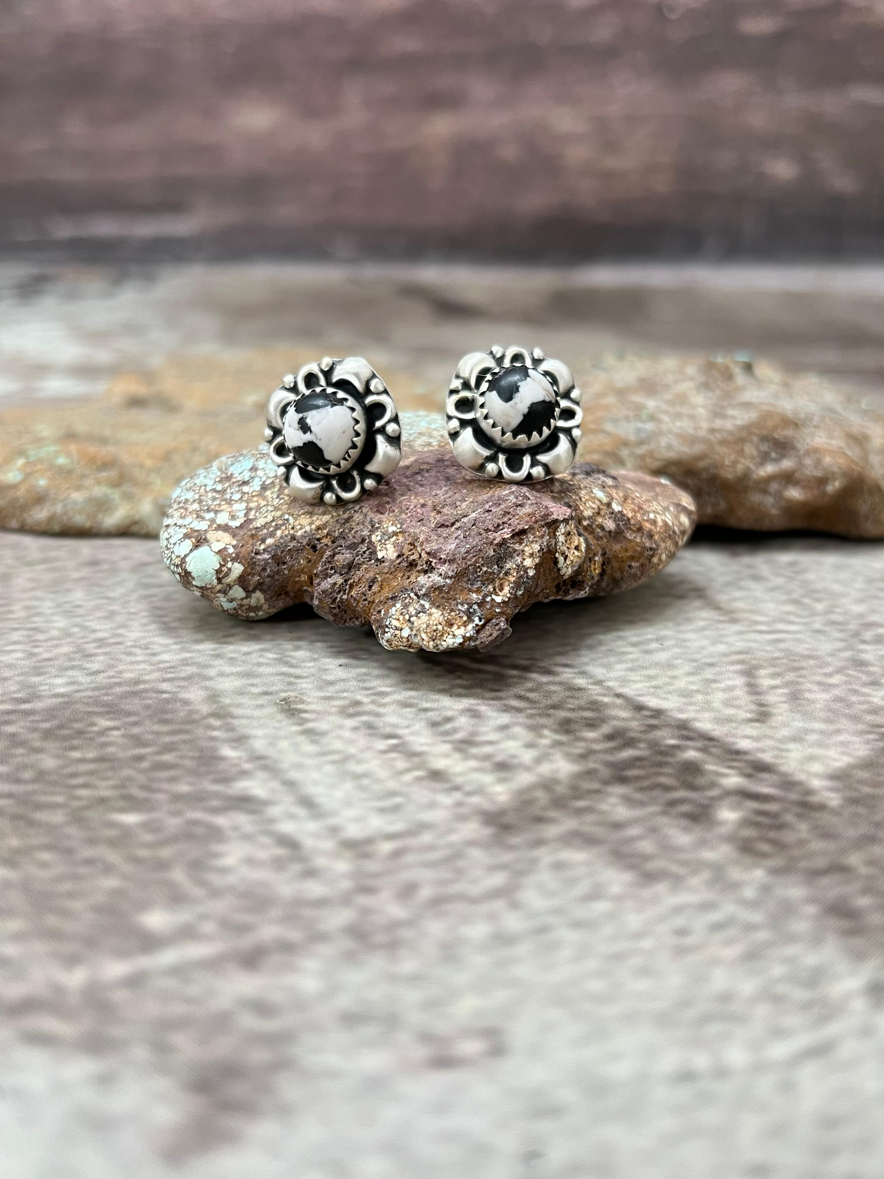 Handmade Sterling Silver White Buffalo Post Studs with Signed Nizhoni