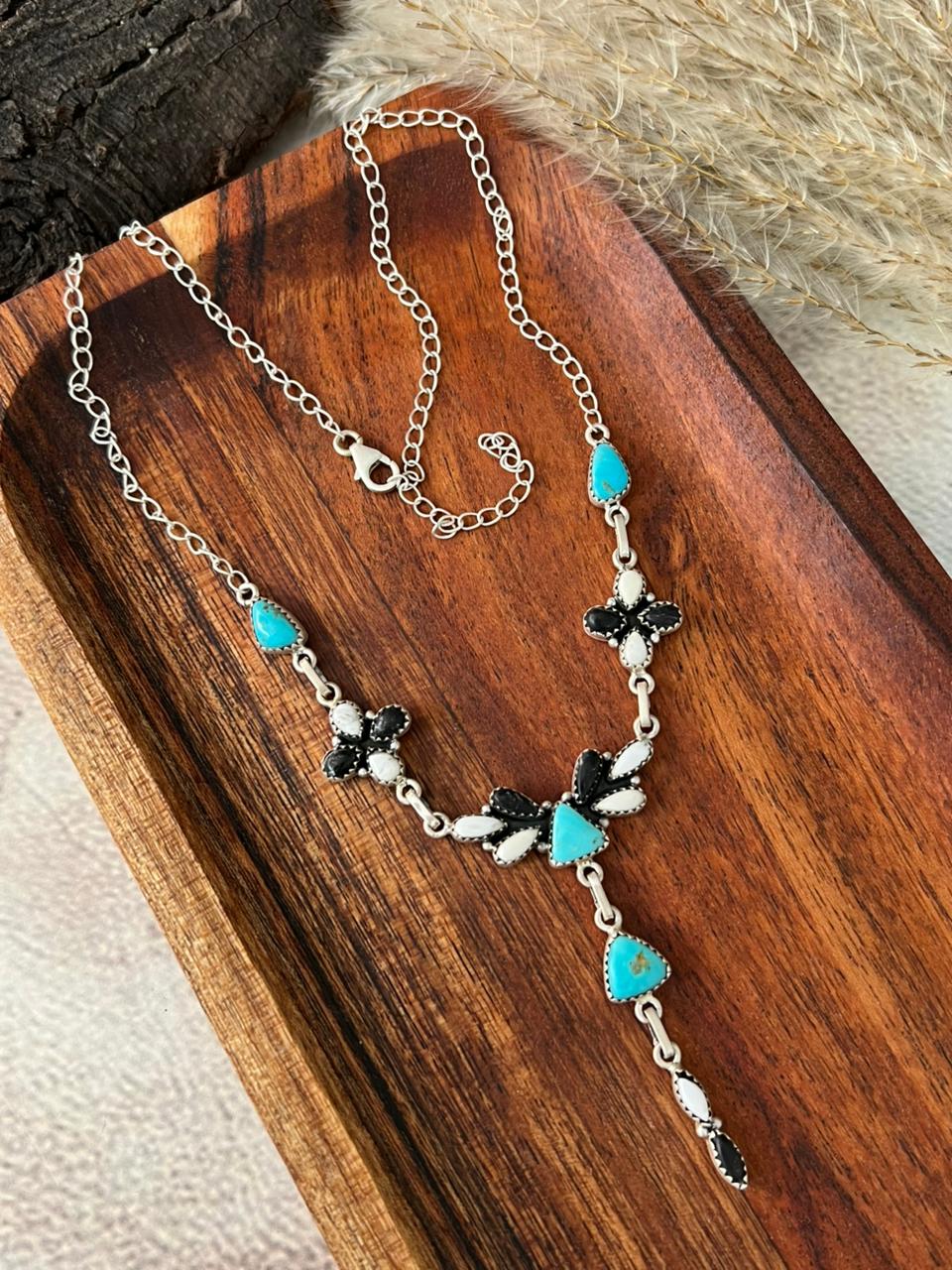 Handmade Sterling Silver Santa Maria Turquoise with White Buffalo Drop Necklace "Signed Nizhoni"