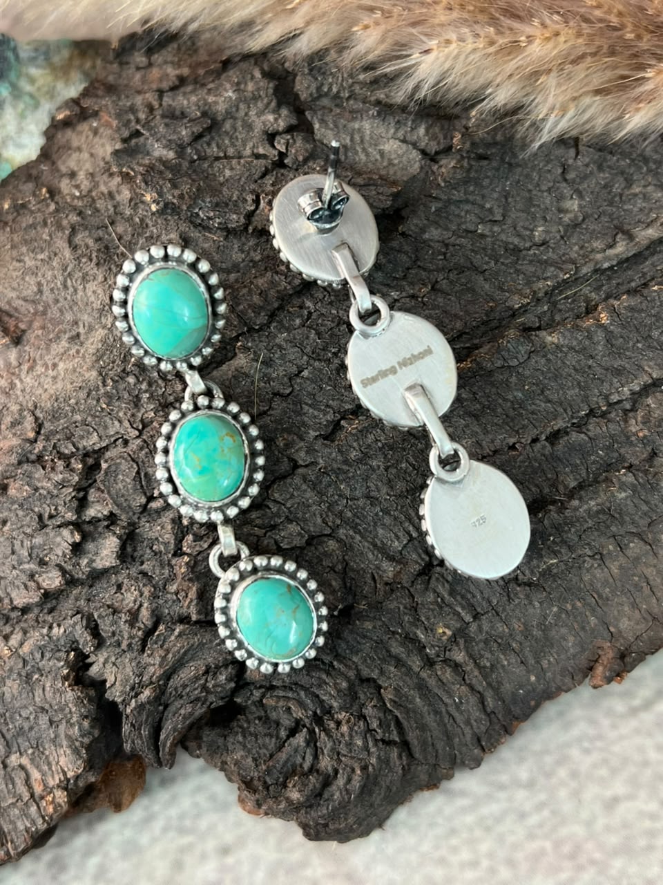 Handmade Sterling Silver Kingman Turquoise Post Dangle Earrings Signed Nizhoni