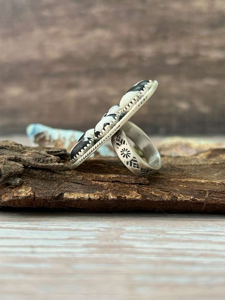 Handmade Sterling Silver White Buffalo Adjustable Ring with Signed Nizhoni