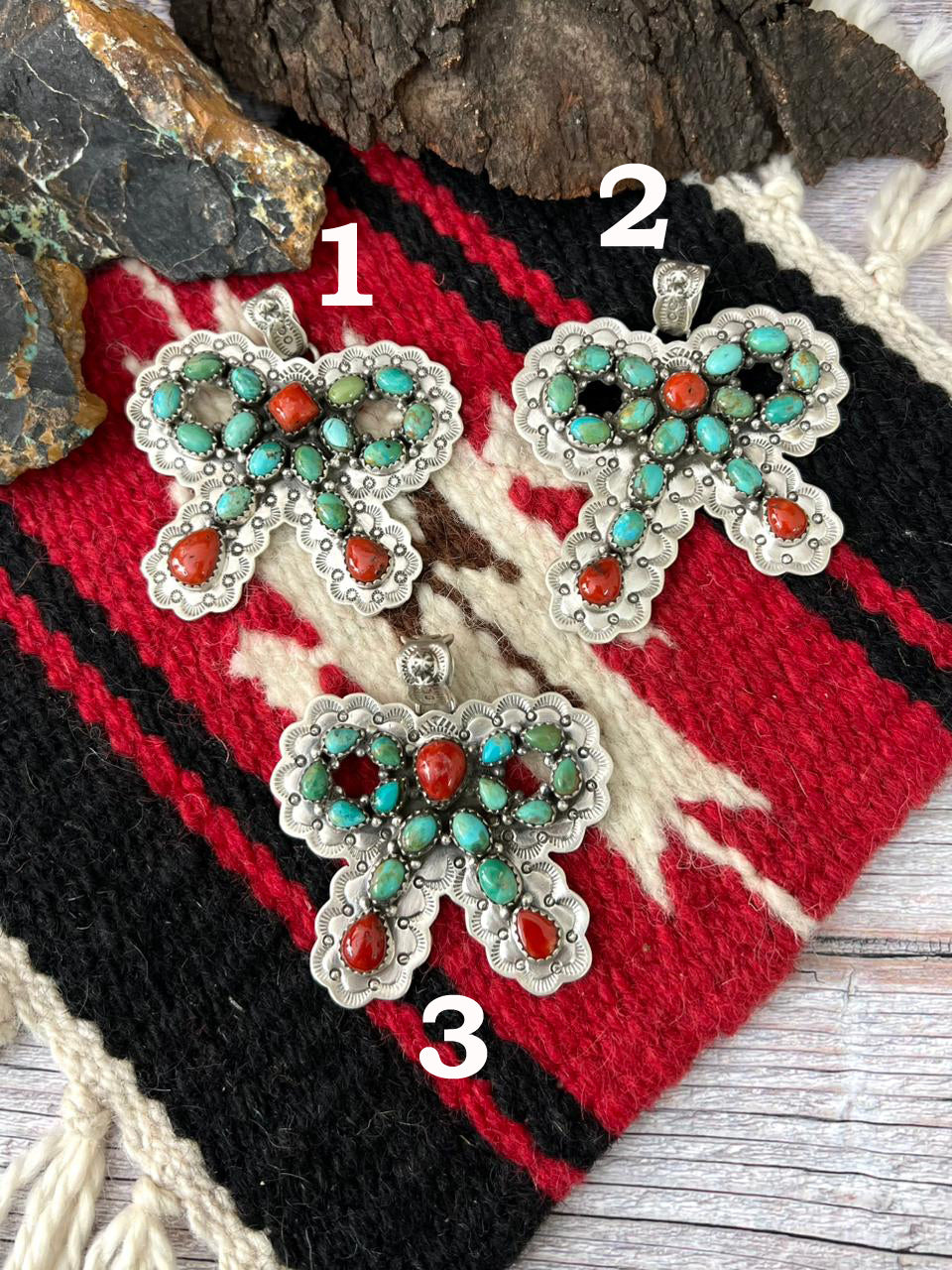 "Christmas Collection" Handmade Sterling Silver Kingman with Coral Pendant "Signed Nizhoni"