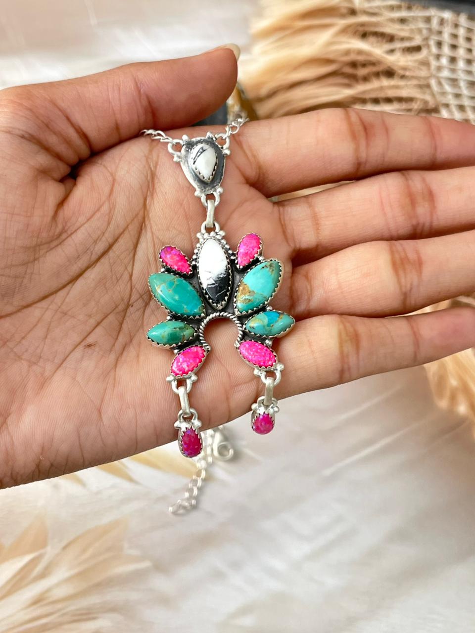 Handmade Sterling Silver Spring Collection: Kingman Turquoise with Hot Pink & White Buffalo Necklace "Signed Nizhoni"
