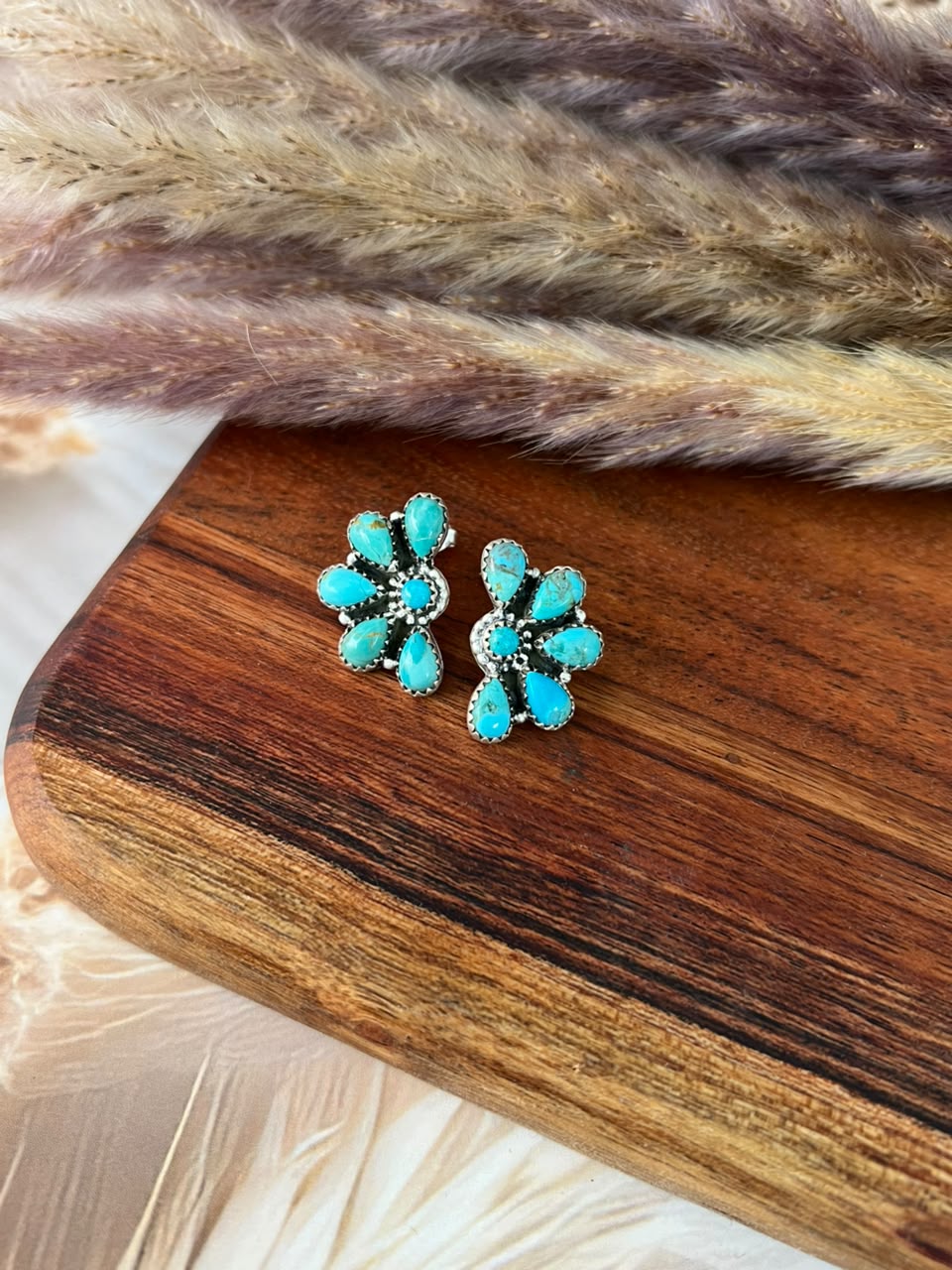 Handmade Sterling Silver Kingman Turquoise Post Studs Earrings Signed Nizhoni