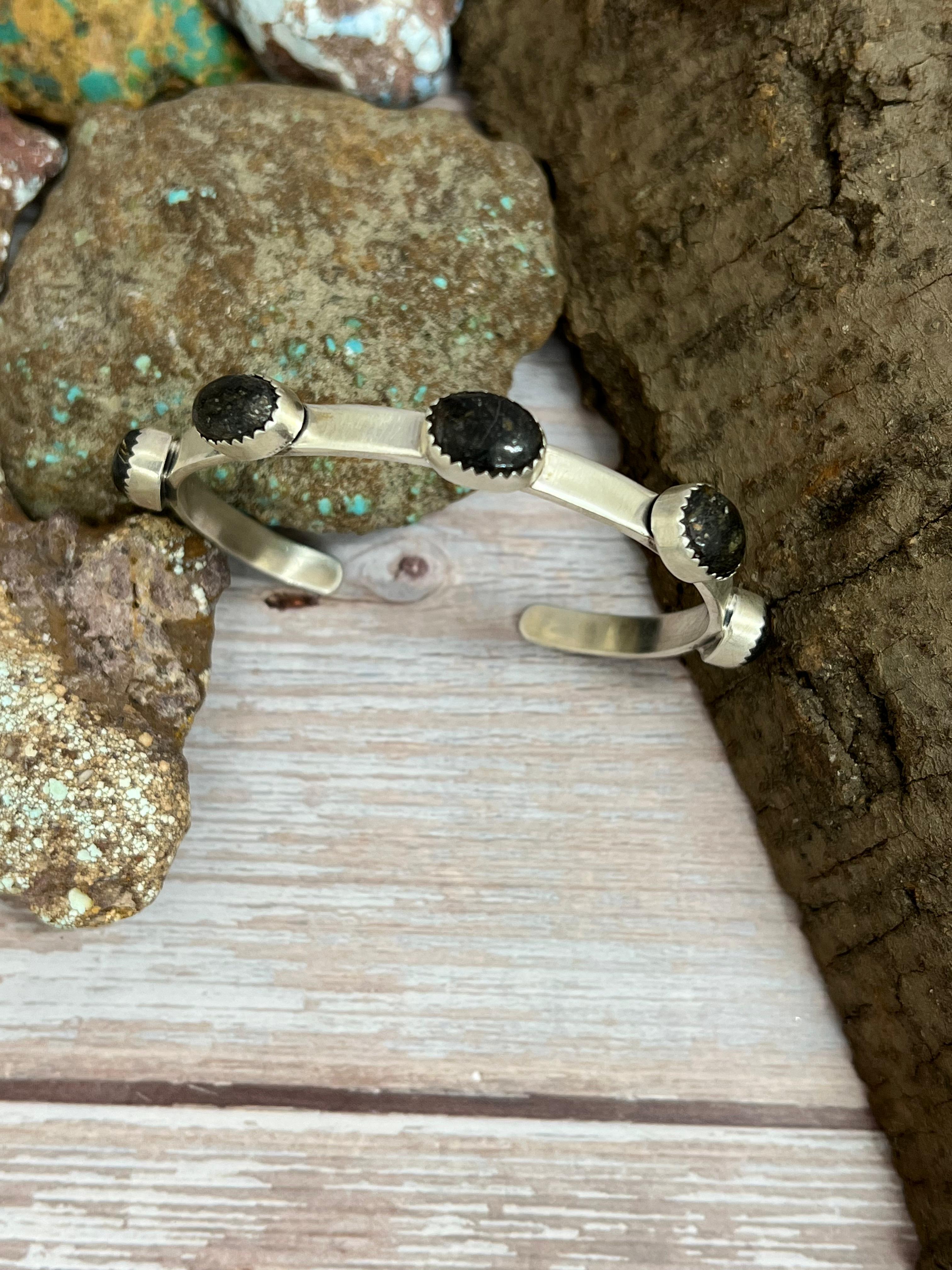 Handmade Sterling Silver Black Jack Cuff Bracelet with Signed Nizhoni