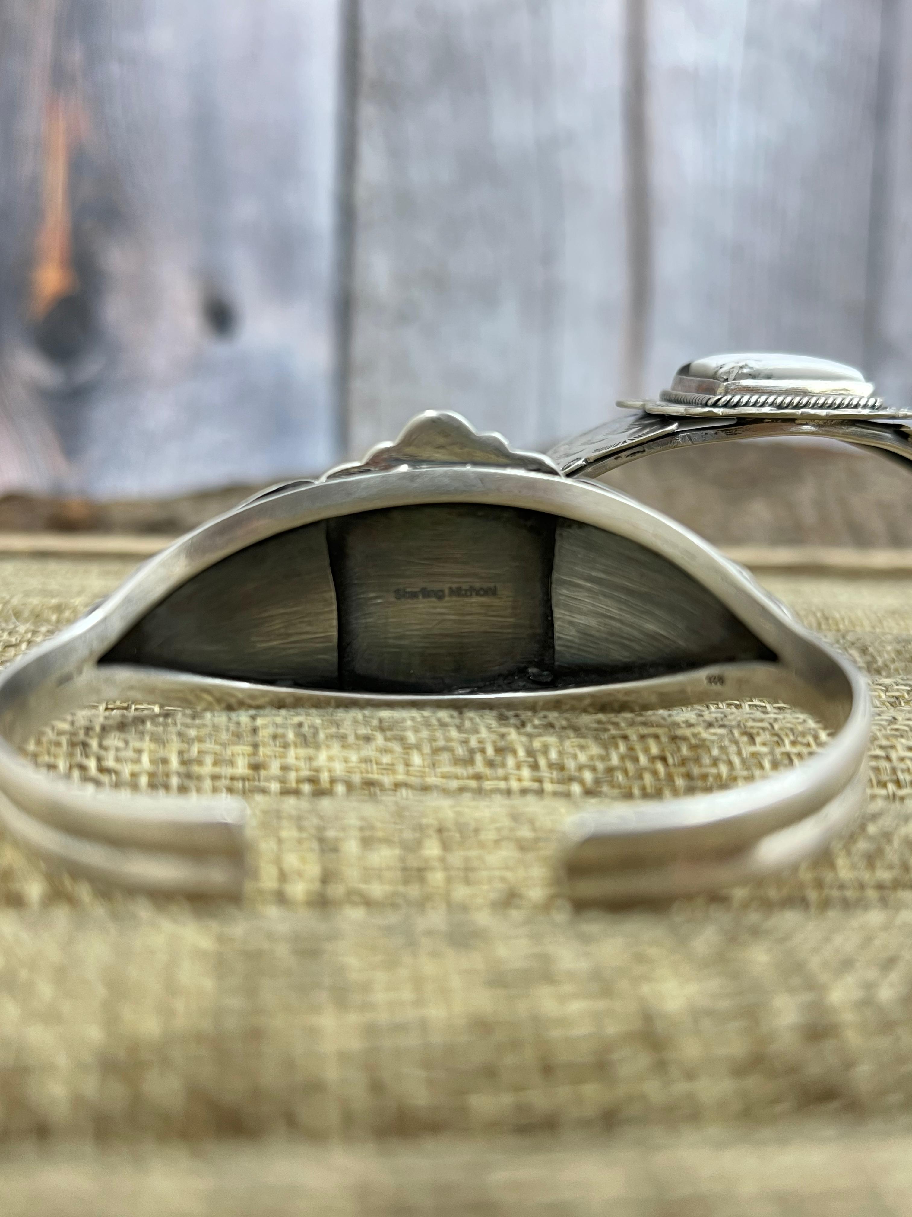 Handmade Sterling Silver White Buffalo Turquoise Cuff Bracelet with Signed Nizhoni