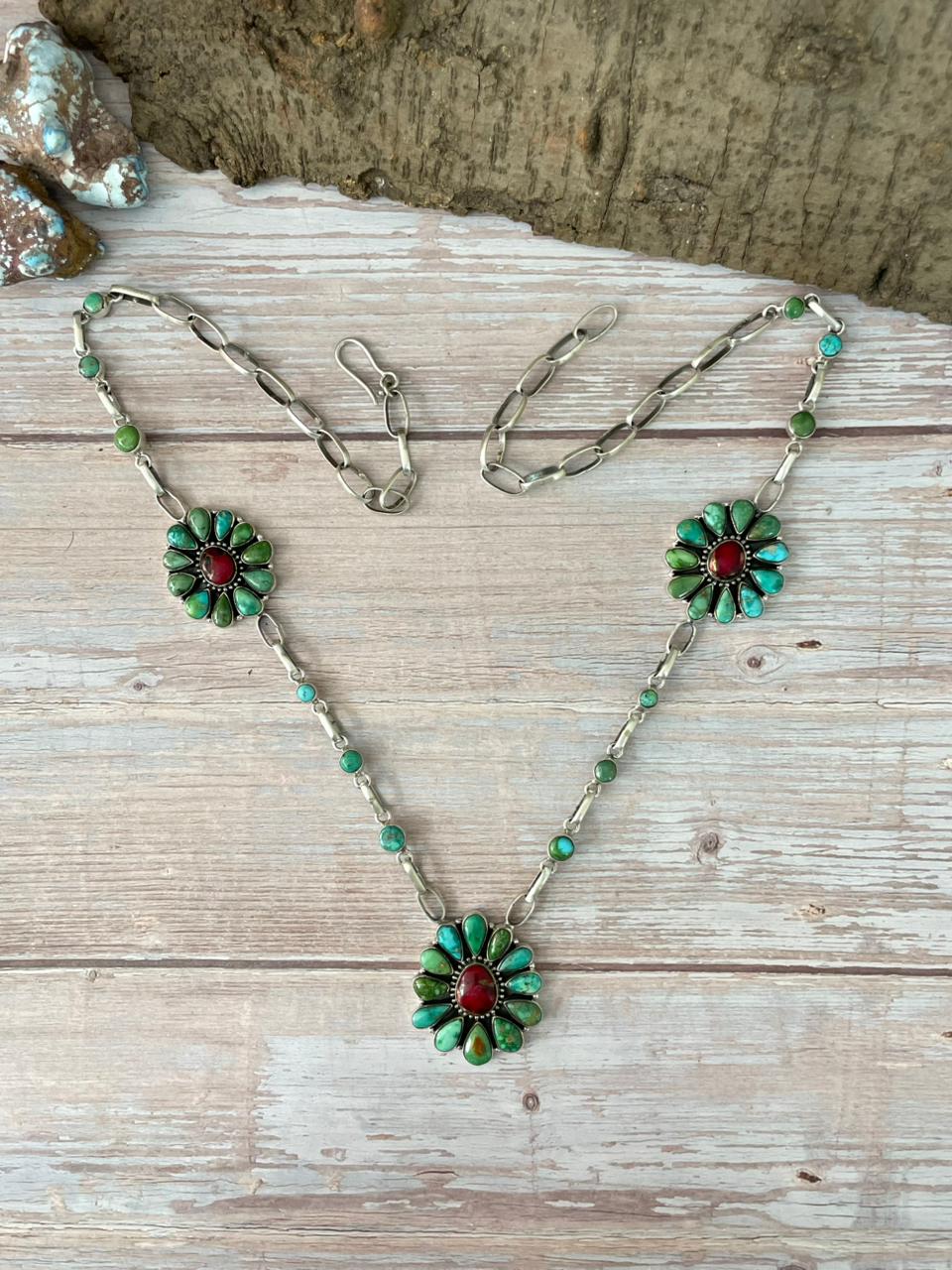 Handmade Sterling Silver Dahlia Rose with Emerald Valley Turquoise Necklace "Signed Nizhoni"