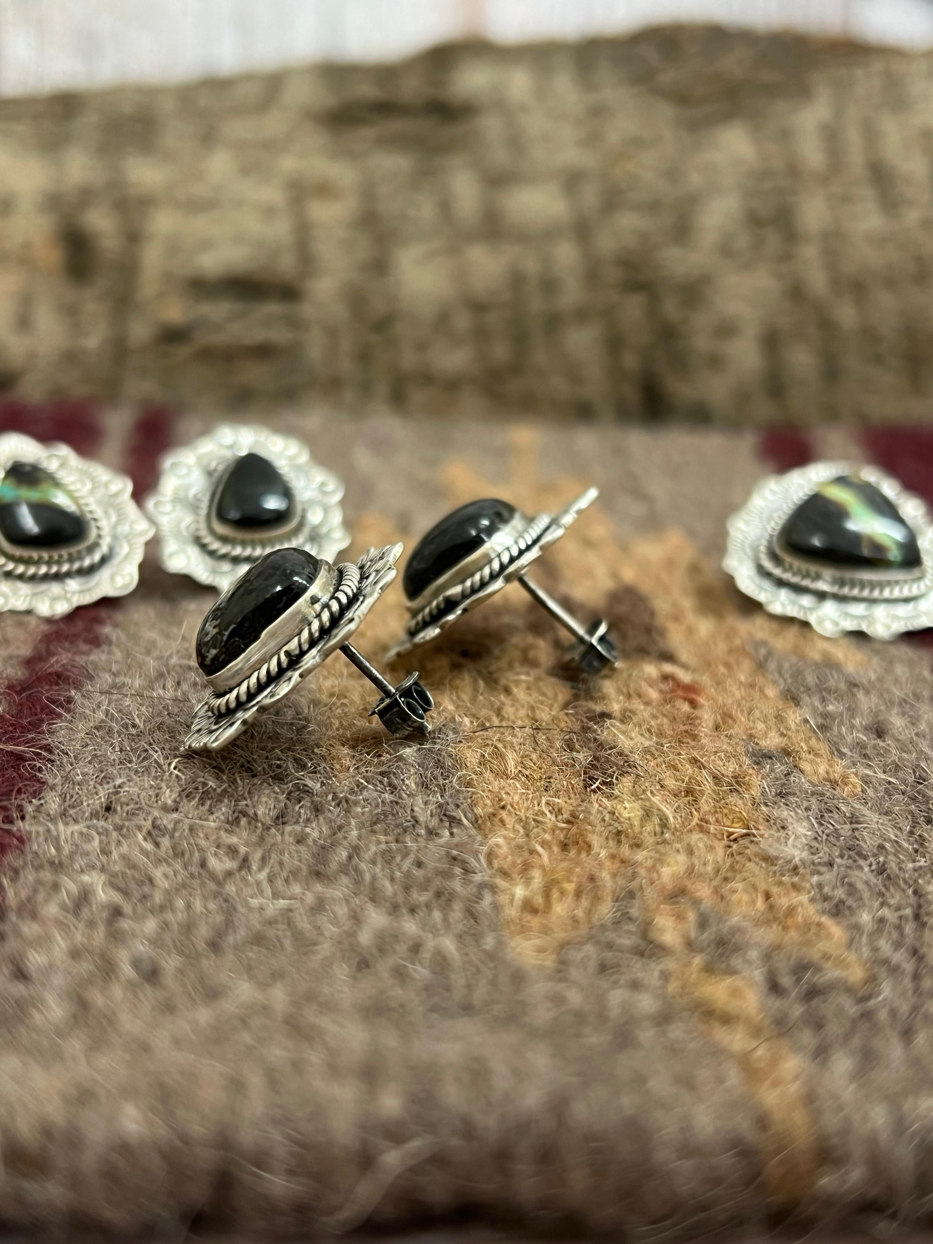 Handmade Sterling Silver Black Jack Post Earrings with Signed Nizhoni