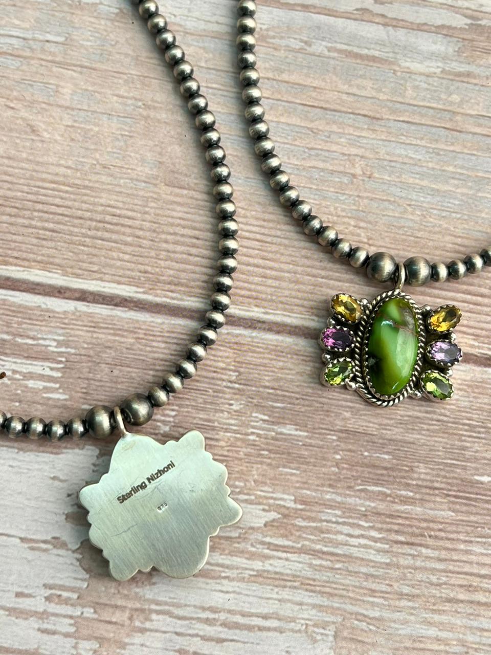 Handmade Sterling Silver Beaded Sonoran with Cut Stone Necklace "Signed Nizhoni"