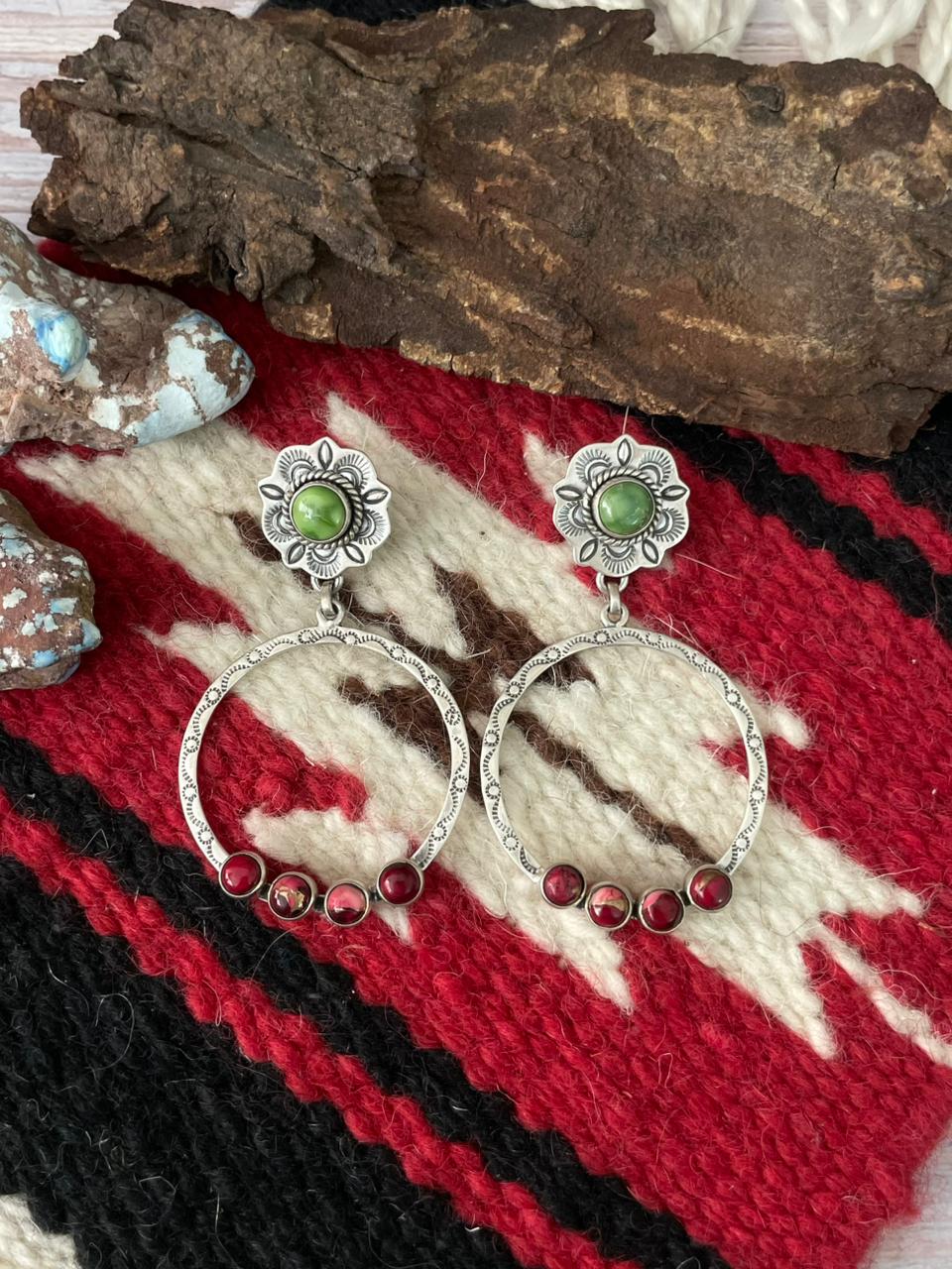 Handmade Sterling Silver Dahlia Rose with Emerald Valley Turquoise Post Earrings "Signed Nizhoni"