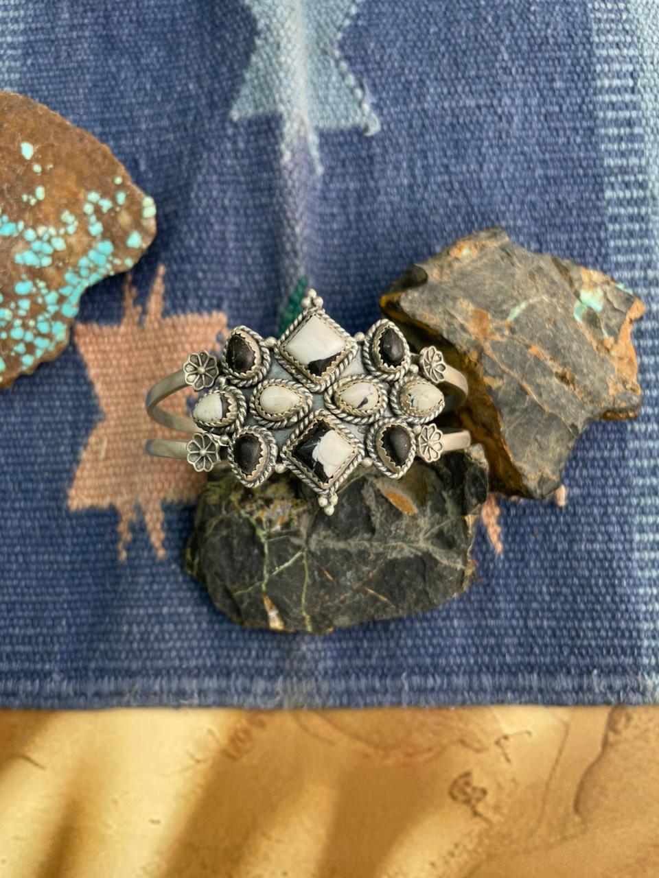 Handmade Sterling Silver White Buffalo Cuff Bracelet "Signed Nizhoni" (2)