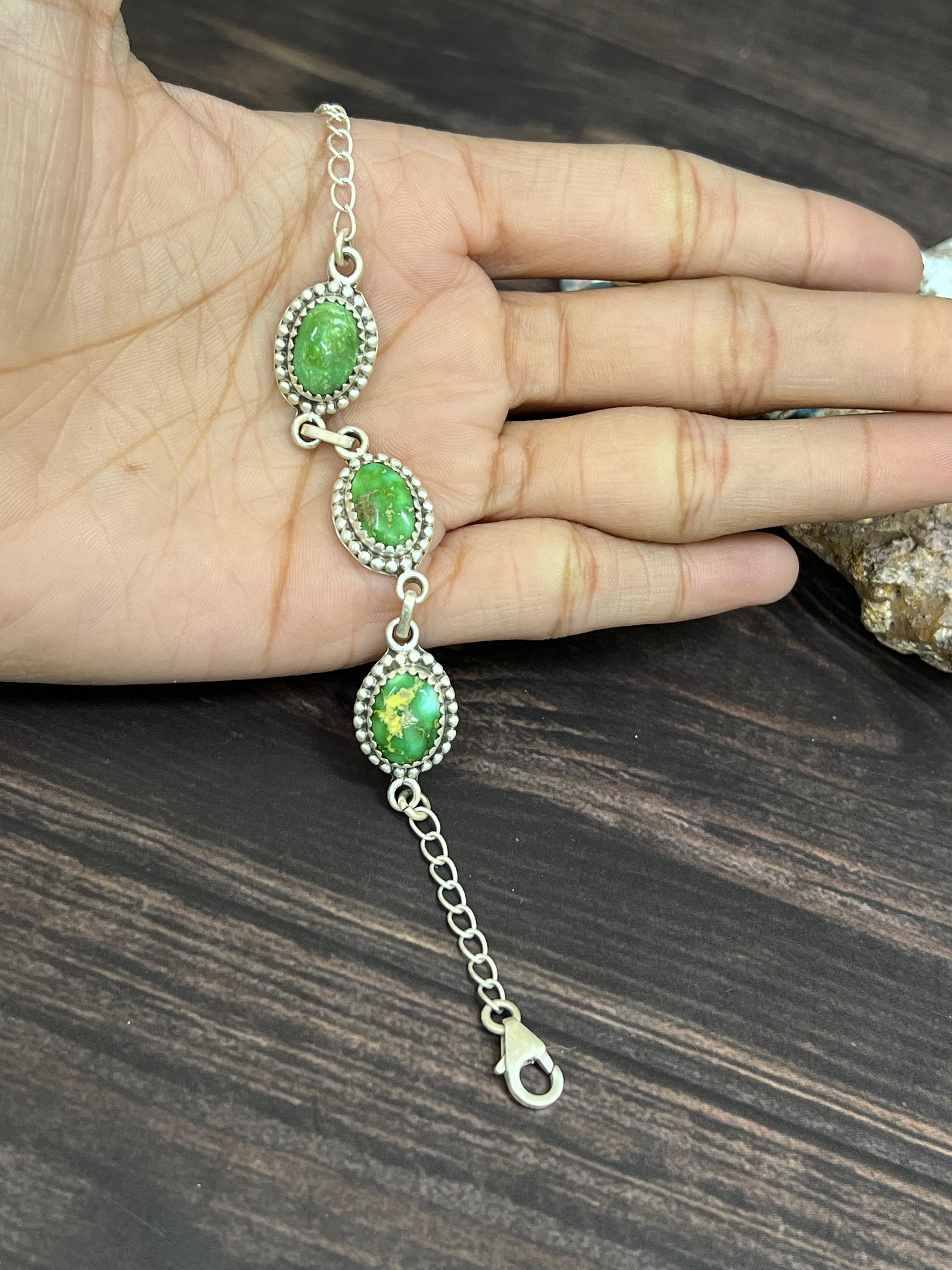 Handmade Sterling Silver Sonoran Mountain Turquoise Chain Bracelet with Signed Nizhoni