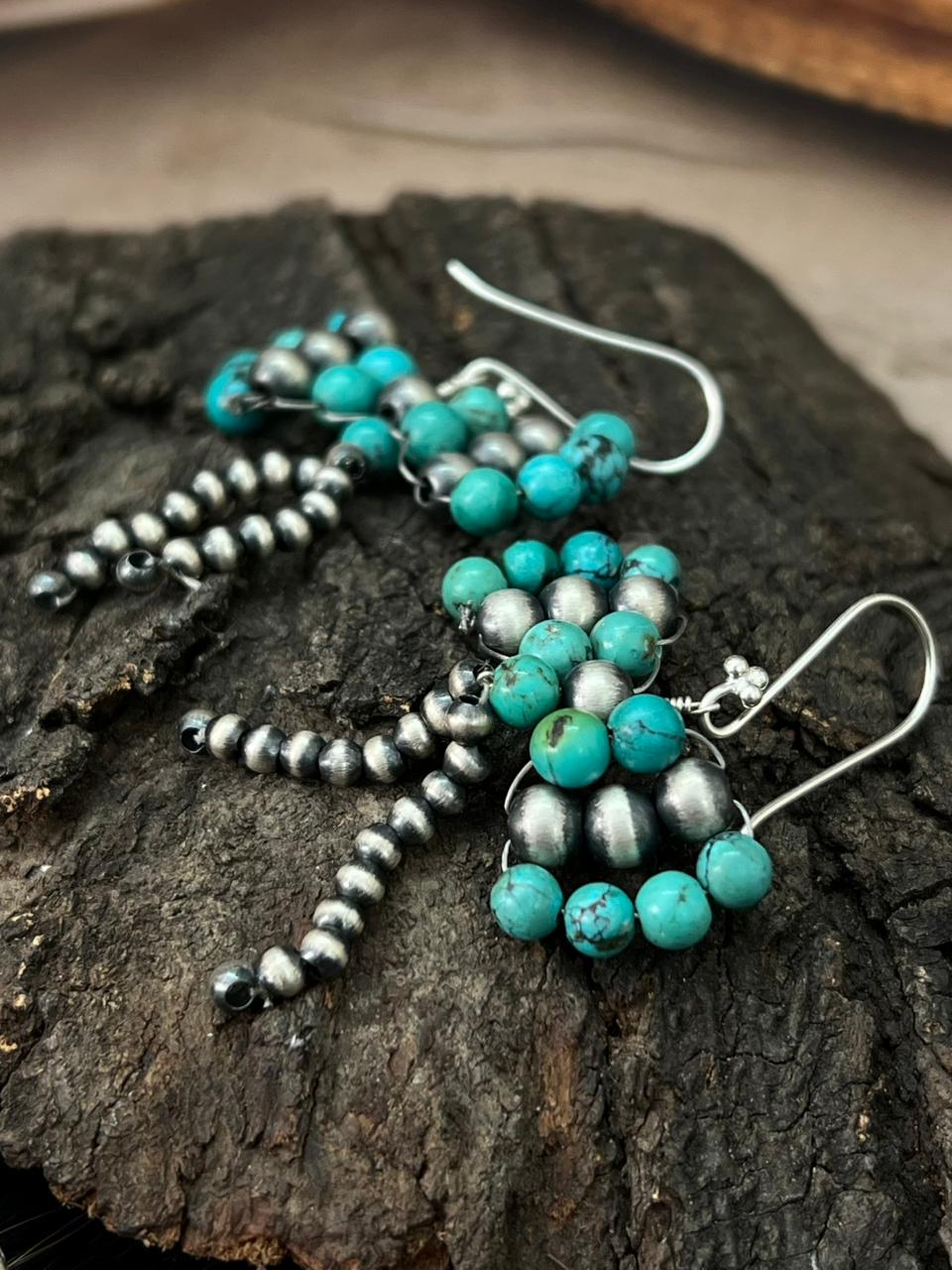 Handmade Sterling Silver Kingman Turquoise Beaded Hook Dangle Earrings "Signed Nizhoni"