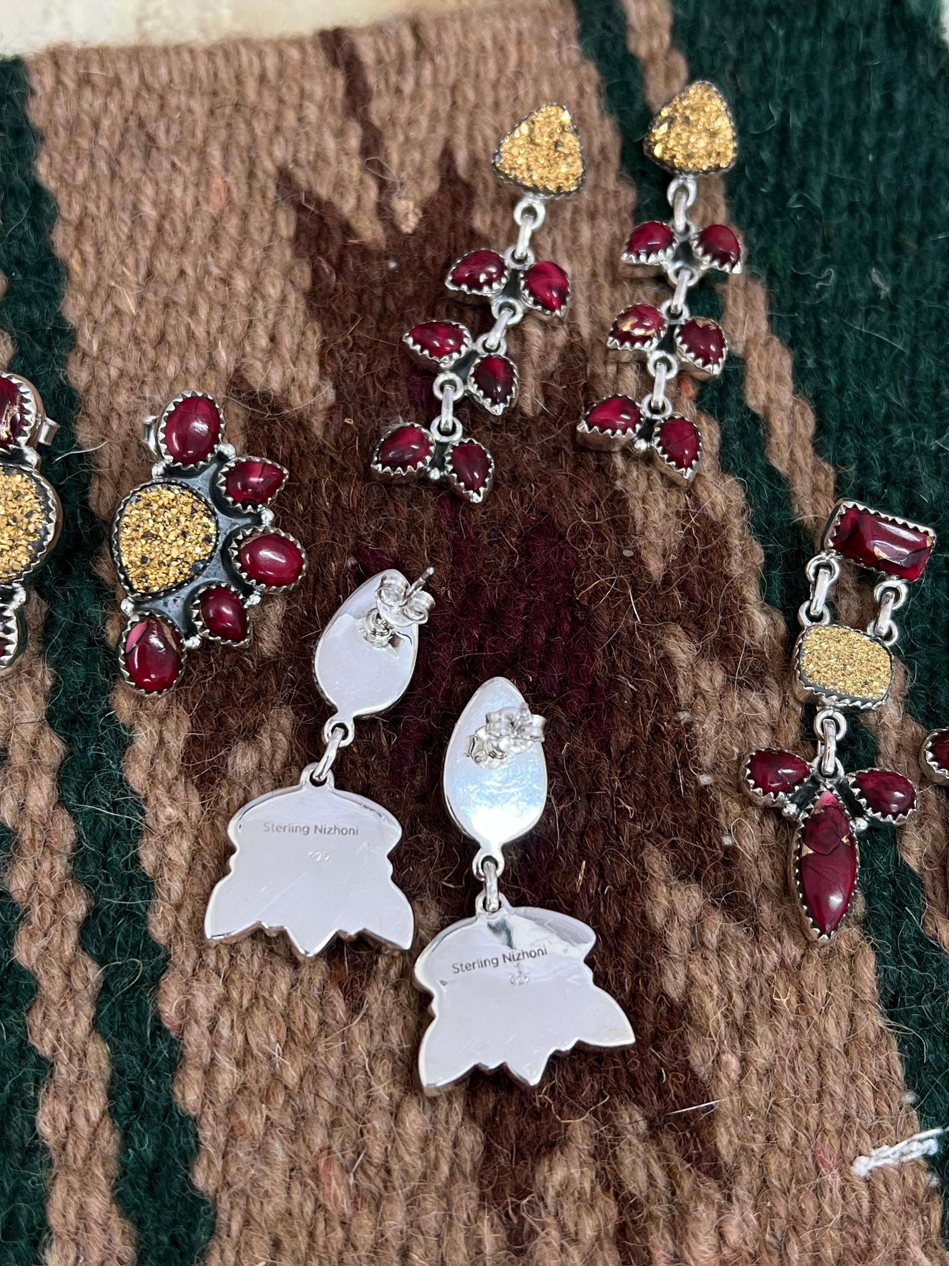 Handmade Sterling Silver Dahlia Rose with Druzy Dangle Earrings, Signed Nizhoni