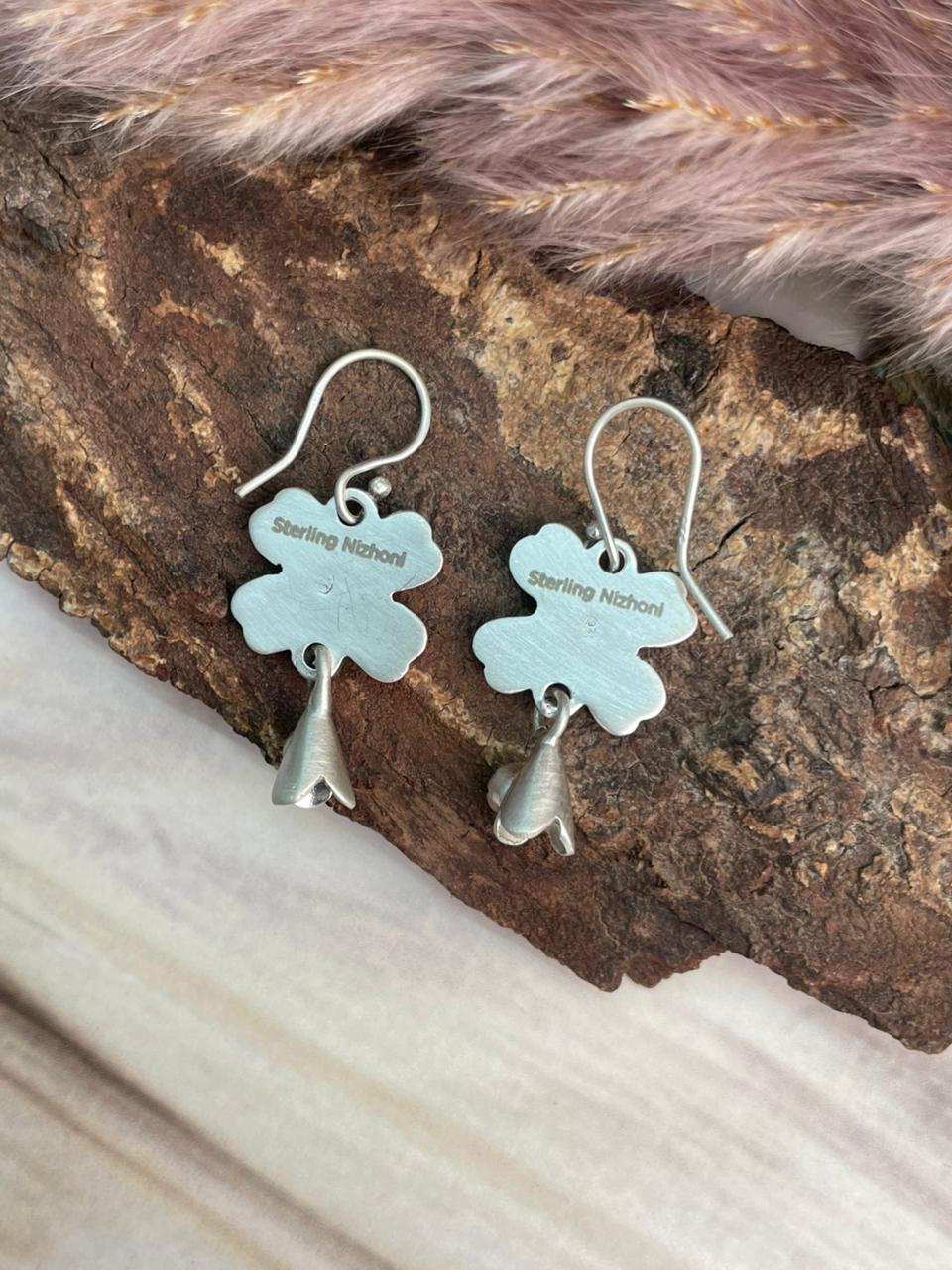 Handmade Sterling Silver Kingman Turquoise Hook Dangle Squash Blossom Earrings Signed Nizhoni